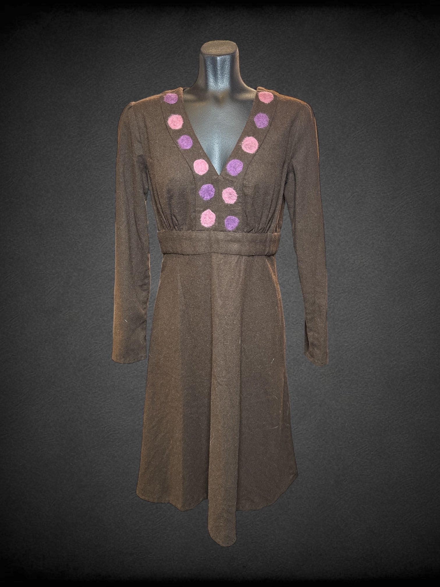 S Brown handmade long sleeve dress with purple and pink polka dots, and zipper on back