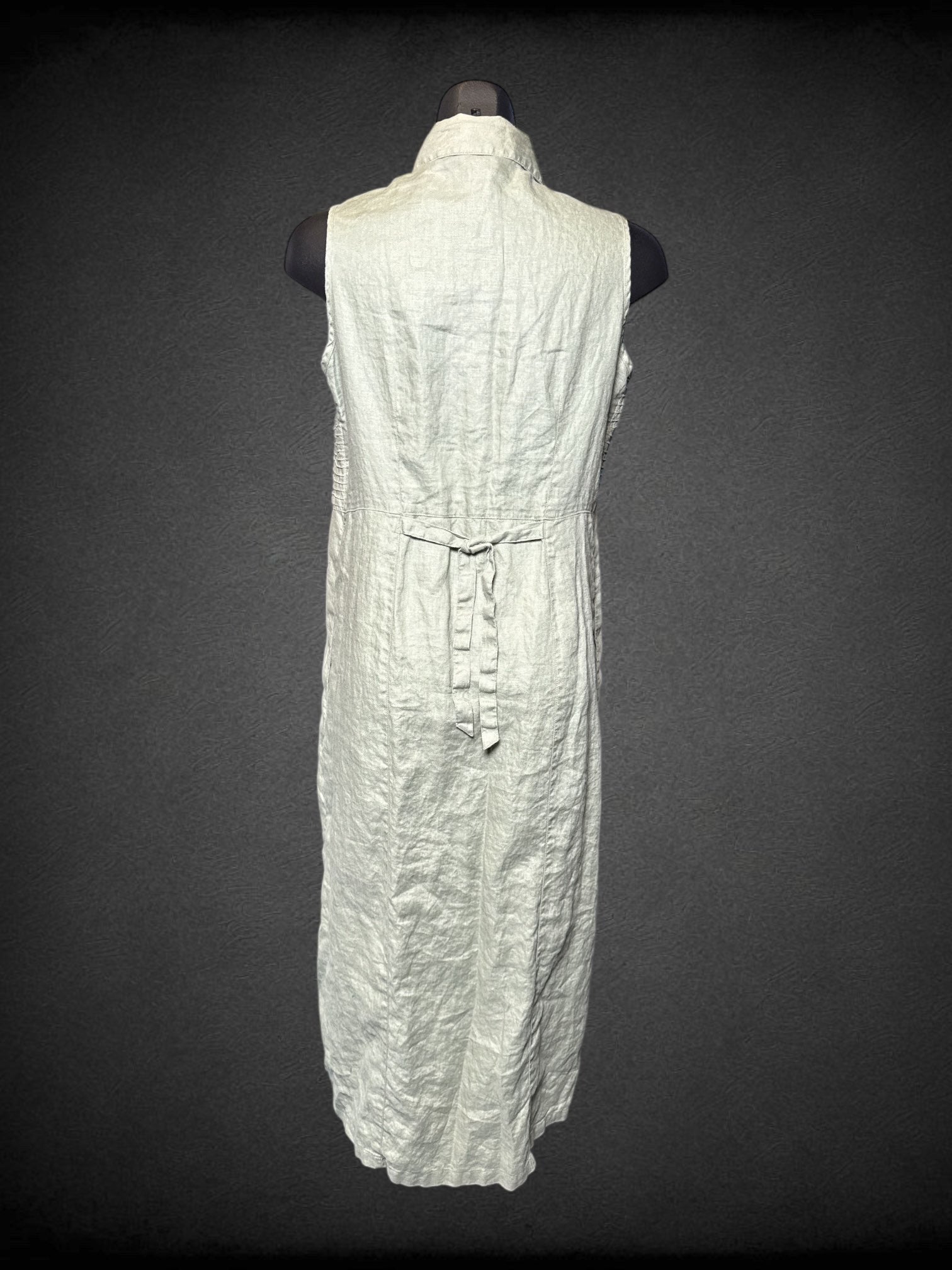 M Eddie Bauer sleeveless light green button up dress with pointed collar, and tie on back