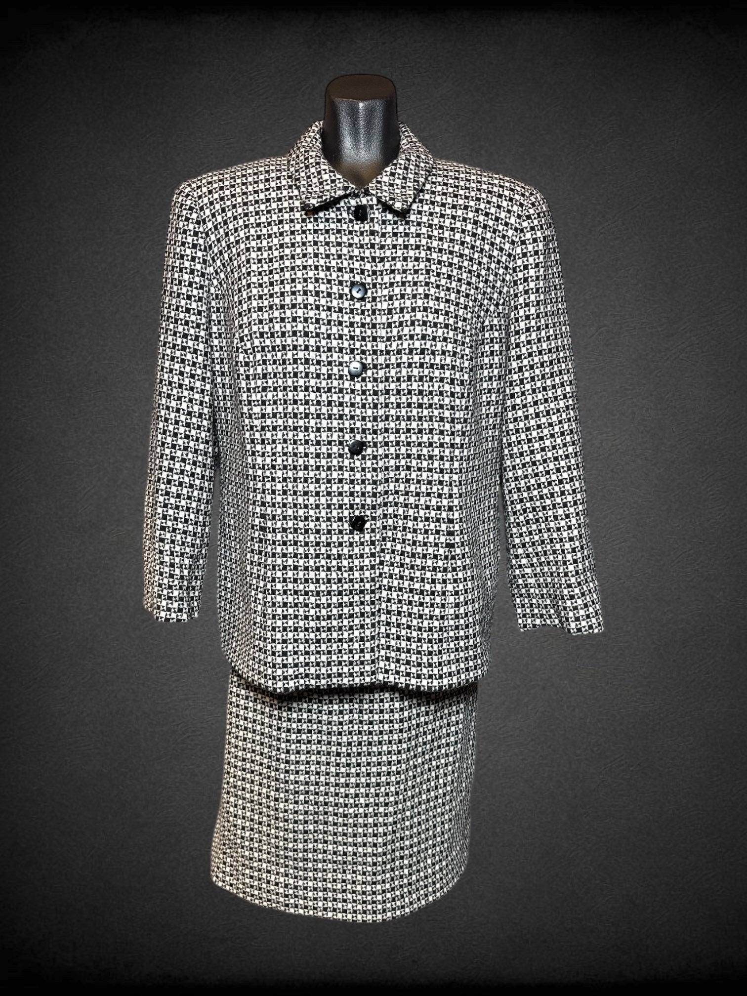 L Talbots vintage two piece black and white checkered jacket and skirt set with square buttons, and zipper/button on back of skirt