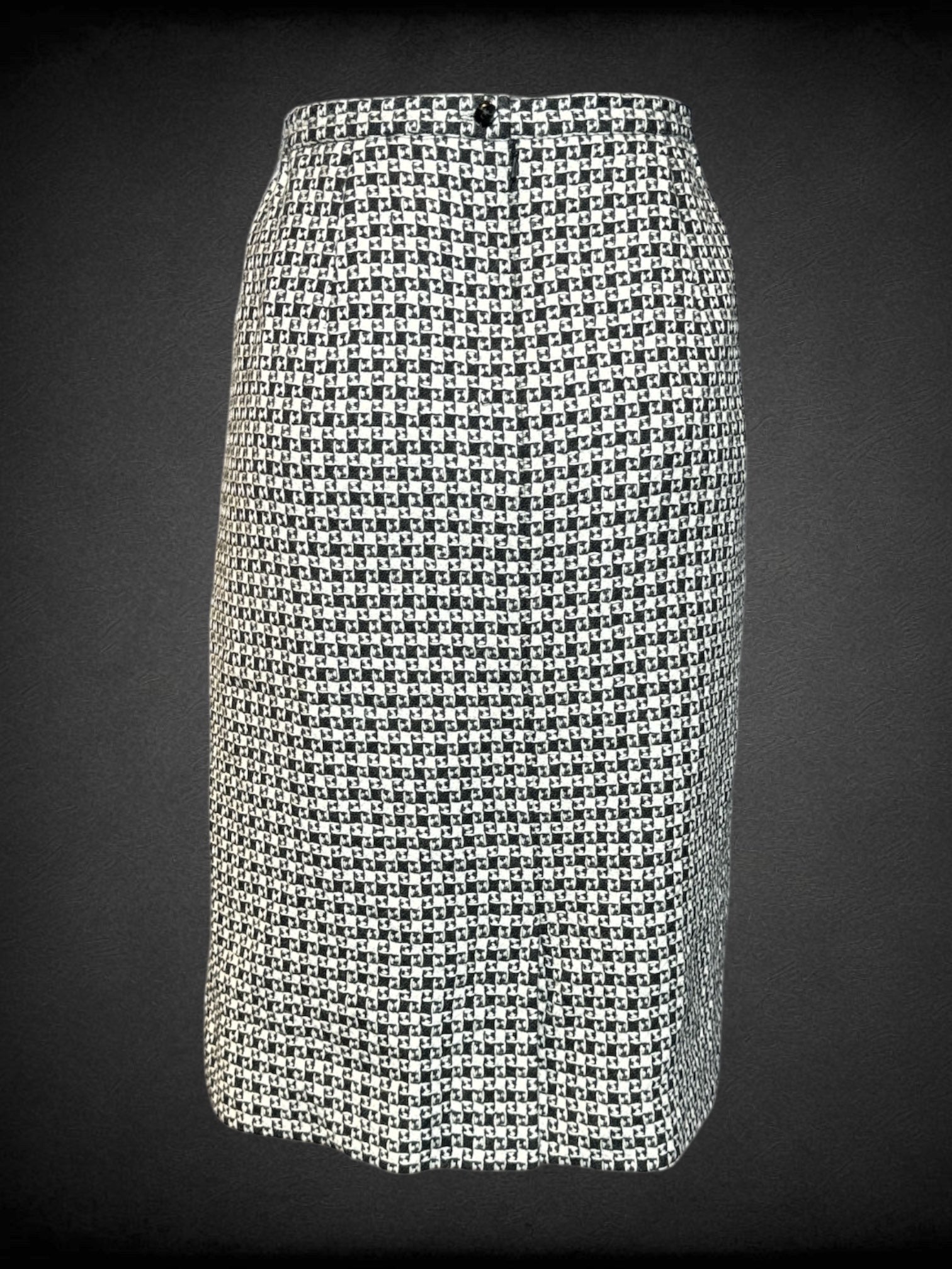 L Talbots vintage two piece black and white checkered jacket and skirt set with square buttons, and zipper/button on back of skirt