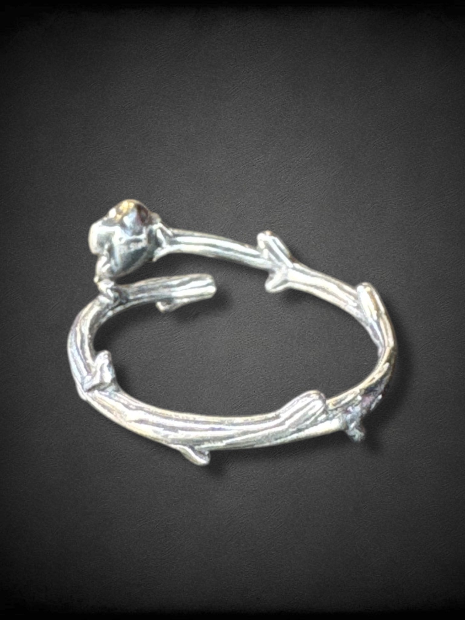 Adjustable silver tone thorn and rose ring