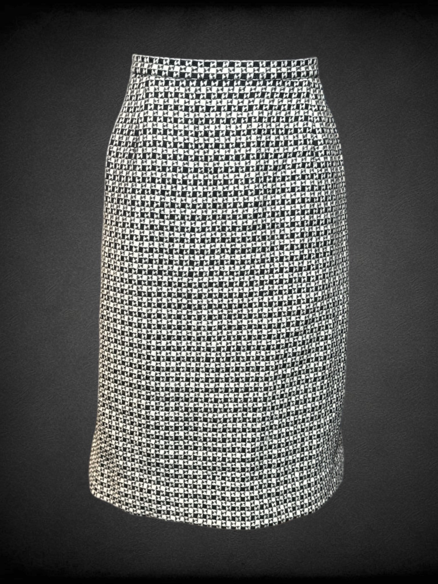 L Talbots vintage two piece black and white checkered jacket and skirt set with square buttons, and zipper/button on back of skirt