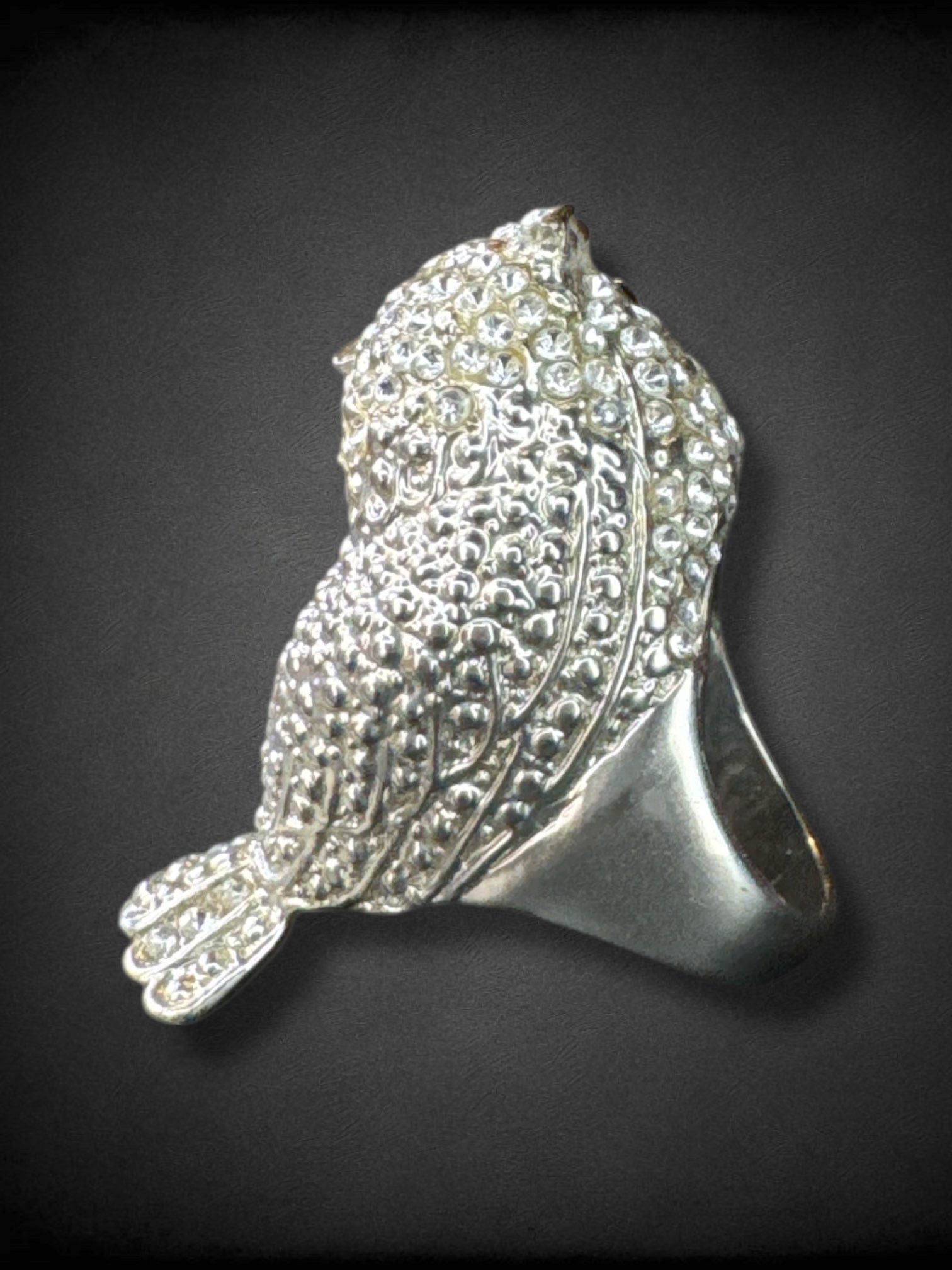Size 11.5 silver tone rhinestone owl statement ring