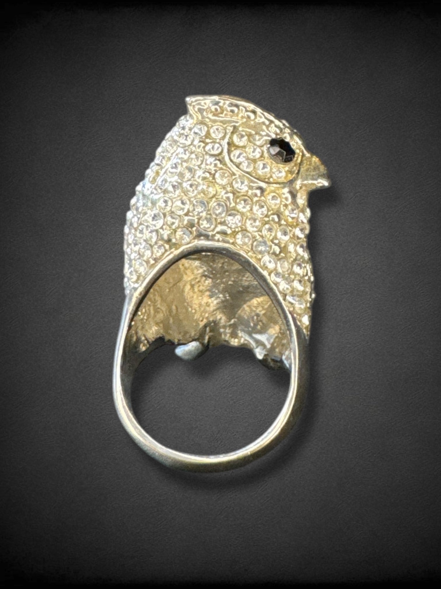 Size 11.5 silver tone rhinestone owl statement ring