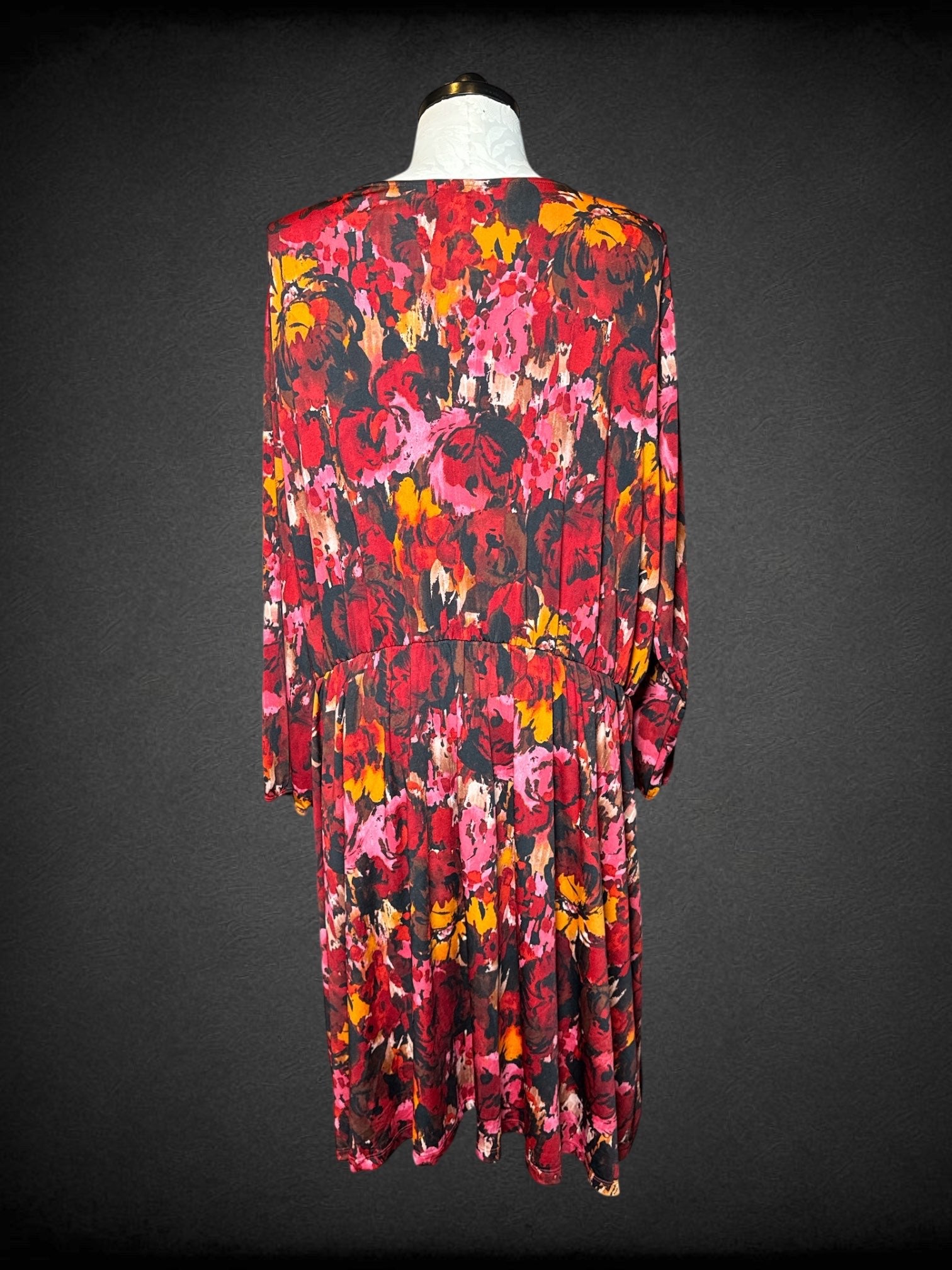 6X IGIGI black long sleeve dress with multicolor florals, balloon sleeves, and faux wrap desig