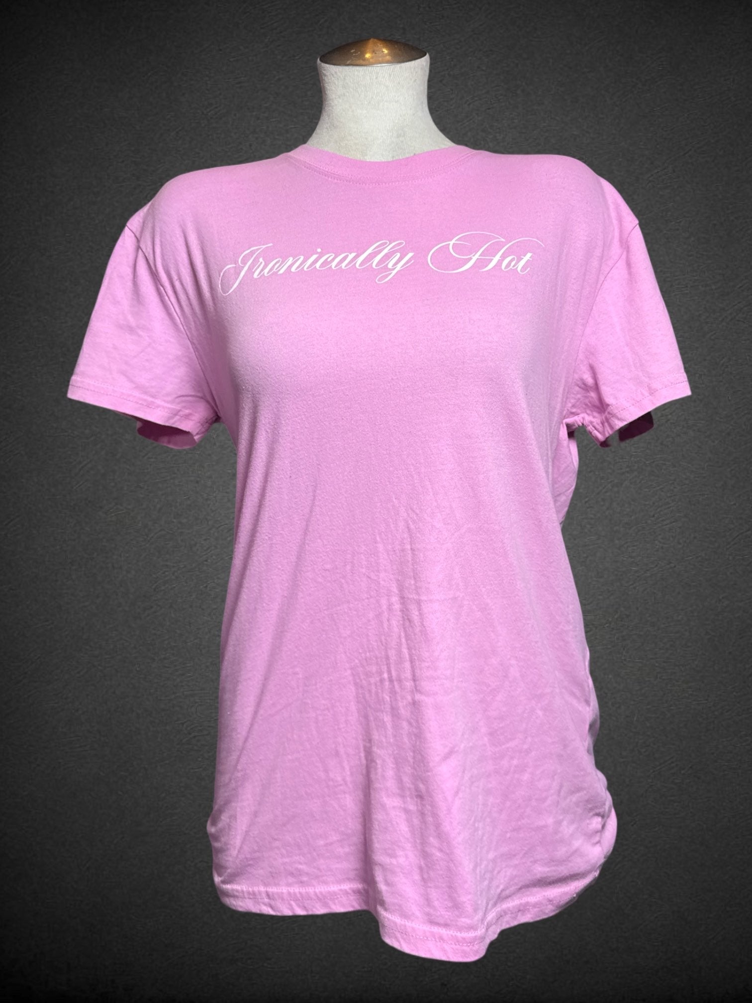 L Isaac Morris hot pink t-shirt with “Ironically Hot” graphic