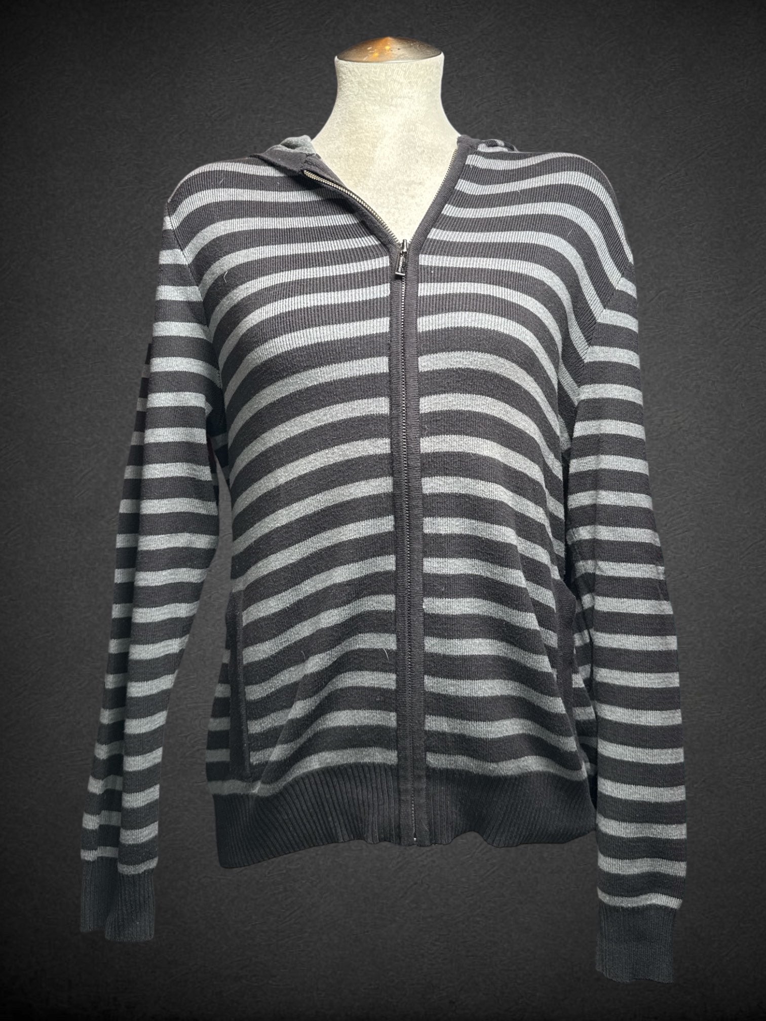 L Kenneth Cole black and gray striped knit zip up jacket with hoodie