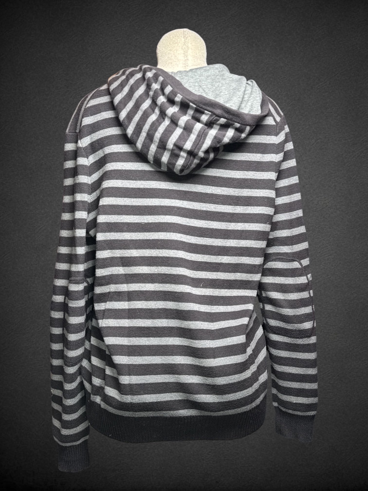 L Kenneth Cole black and gray striped knit zip up jacket with hoodie