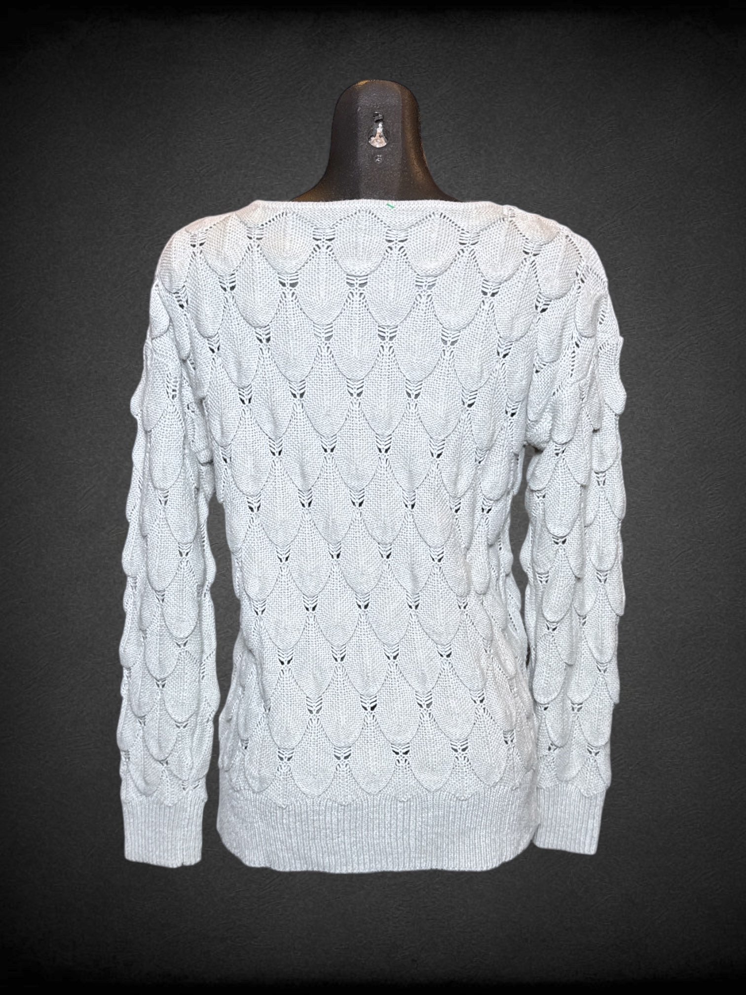 M light blue long sleeve knit sweater with sheer spots, and scalloped design