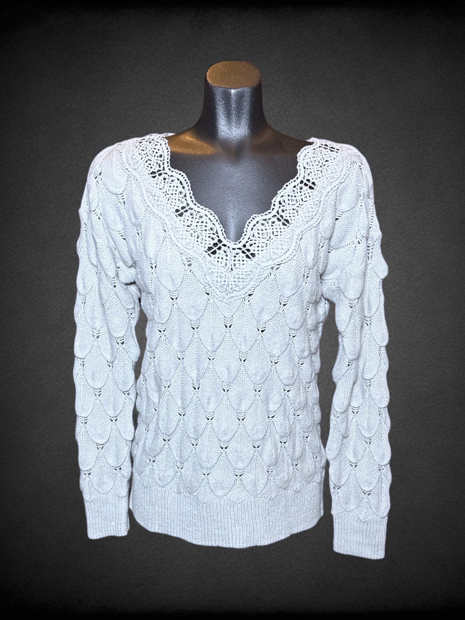 M light blue long sleeve knit sweater with sheer spots, and scalloped design