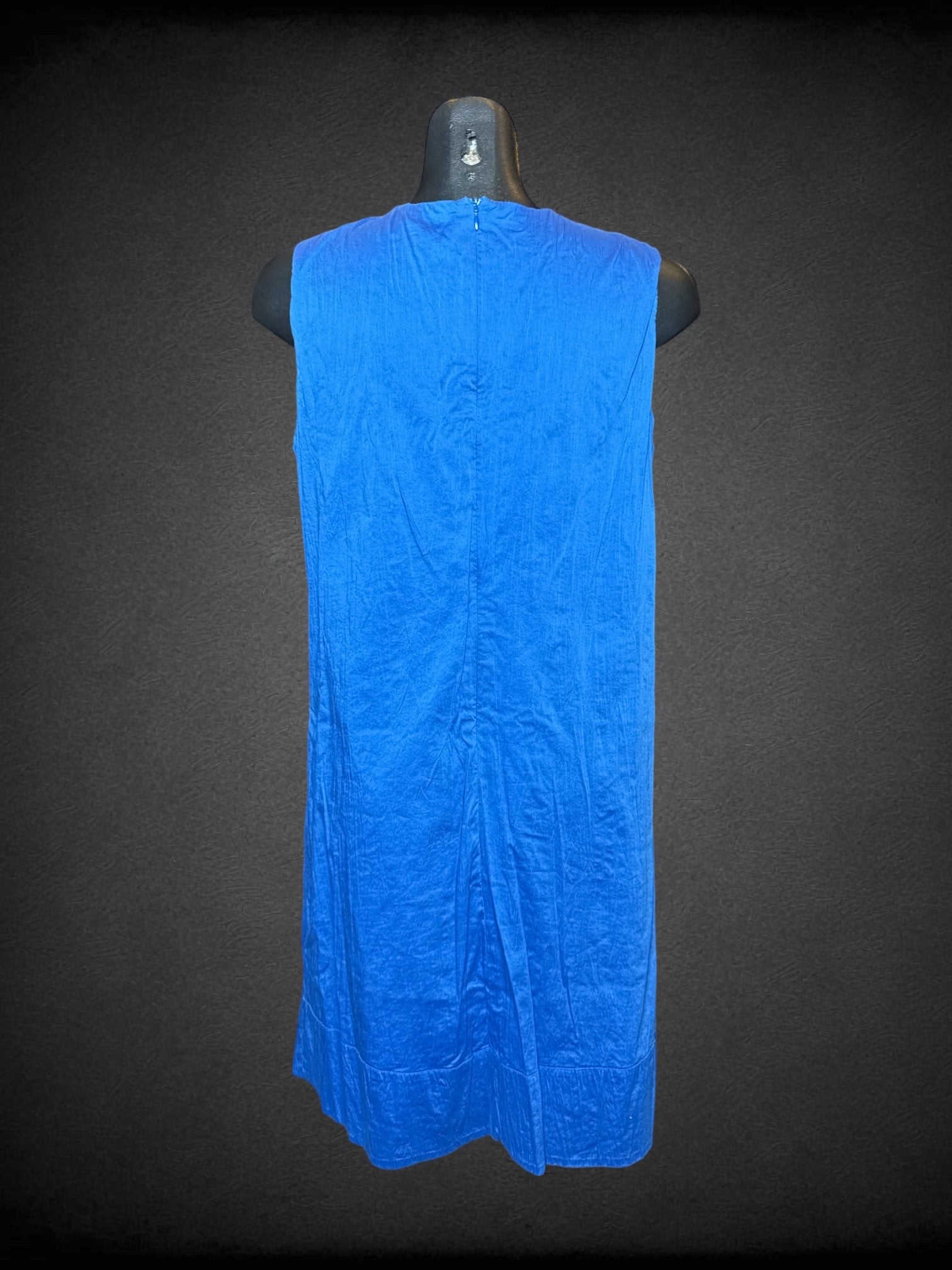 L Calvin Klein blue sleeveless dress with ruffle design on chest, and zipper on back