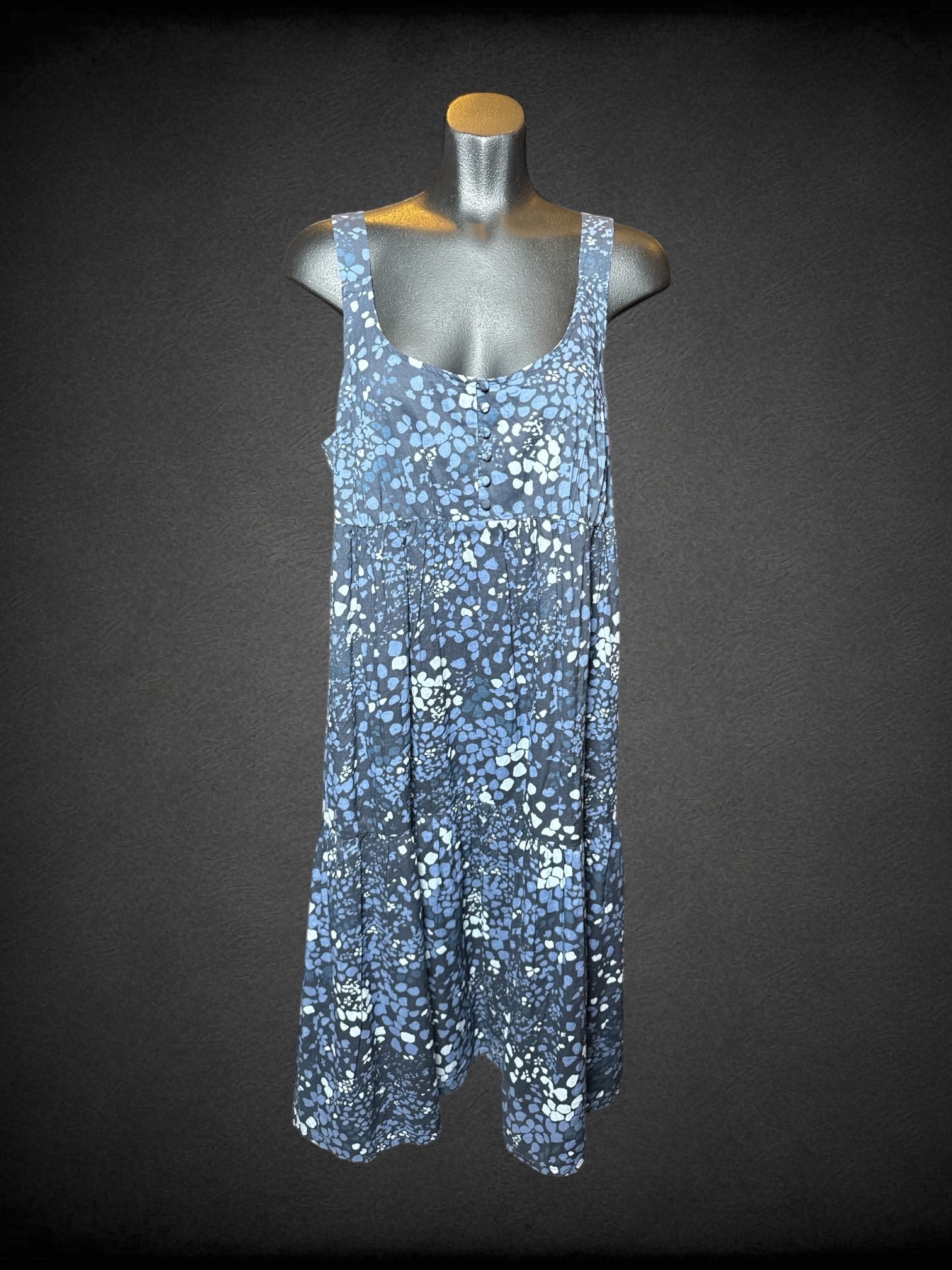 L NWT Adore Me navy blue sleeveless dress with lighter shades of blue irregular polka dots, buttons on top, and pockets