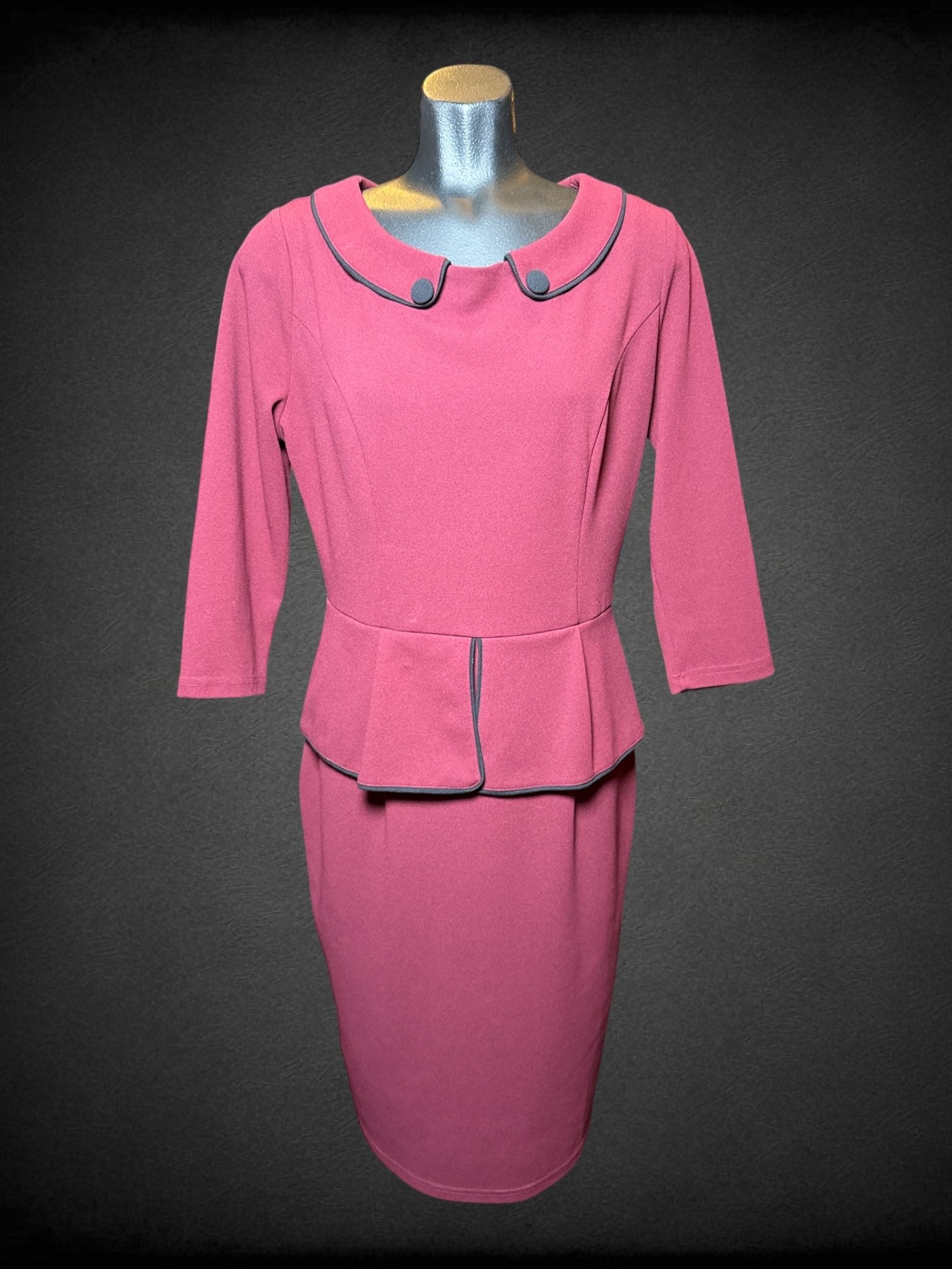L Miusol maroon long sleeve peplum dress with decorative buttons on collar, and zipper on back