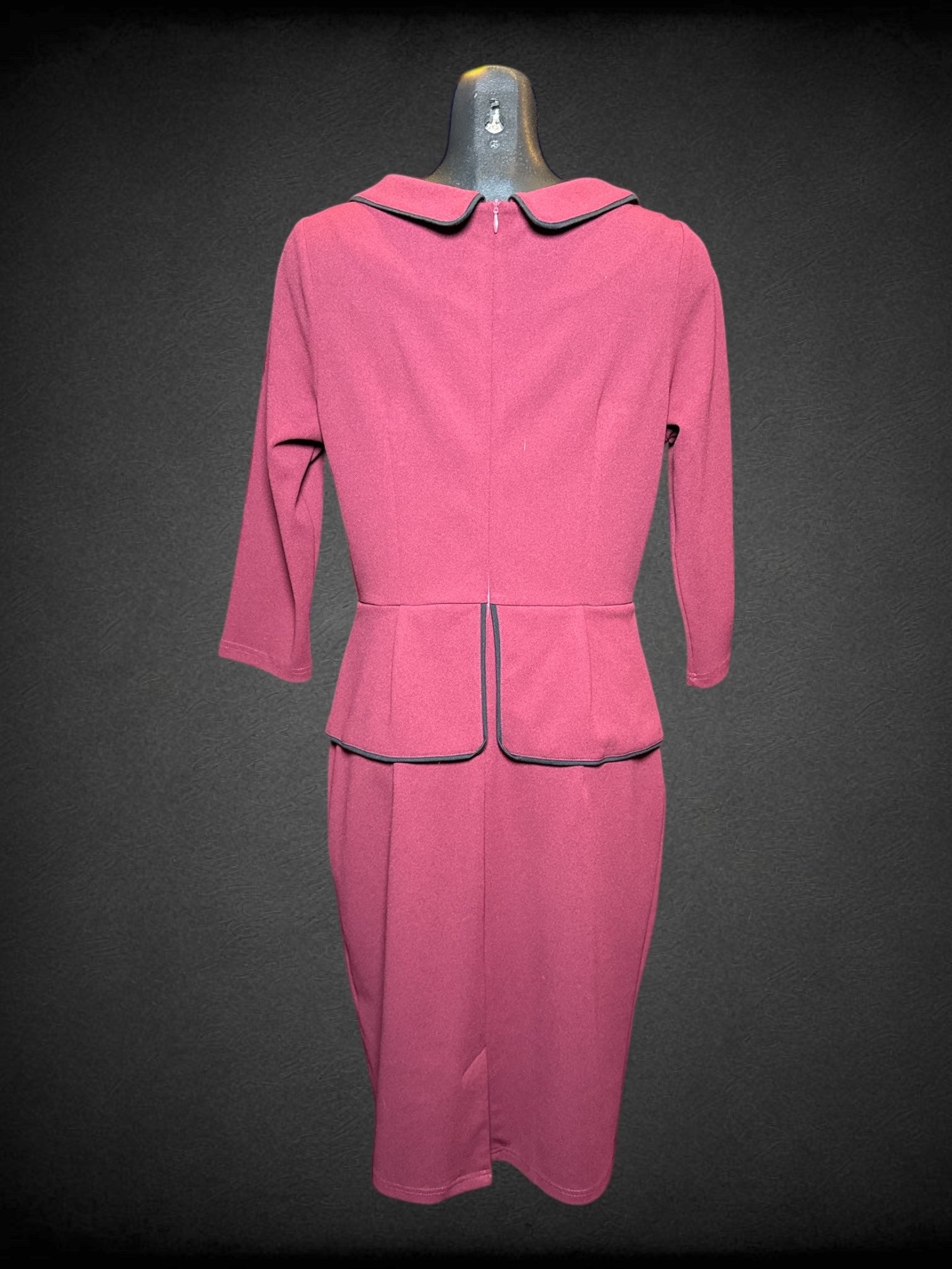 L Miusol maroon long sleeve peplum dress with decorative buttons on collar, and zipper on back