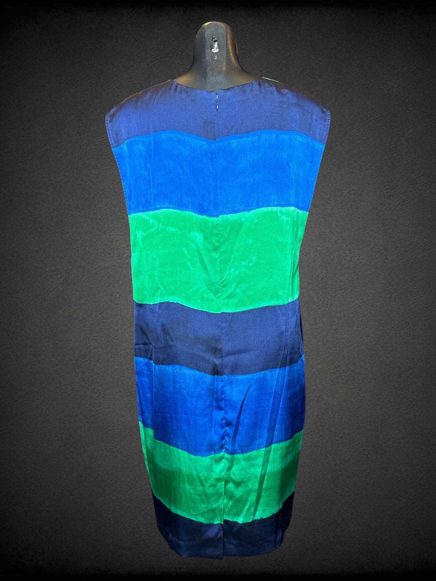 L Anne Klein navy blue, green, and blue striped sleeveless dress with zipper on back