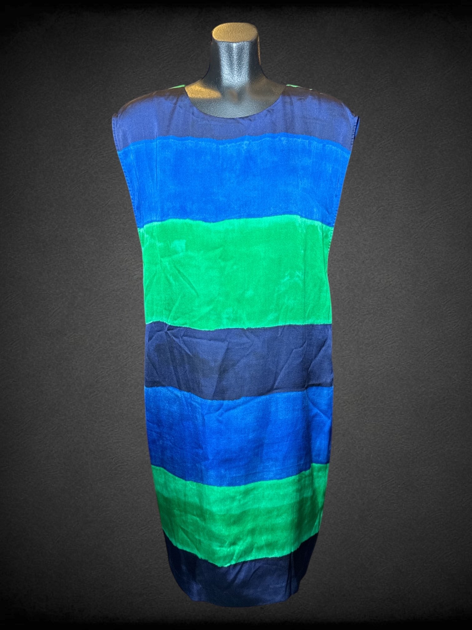 L Anne Klein navy blue, green, and blue striped sleeveless dress with zipper on back