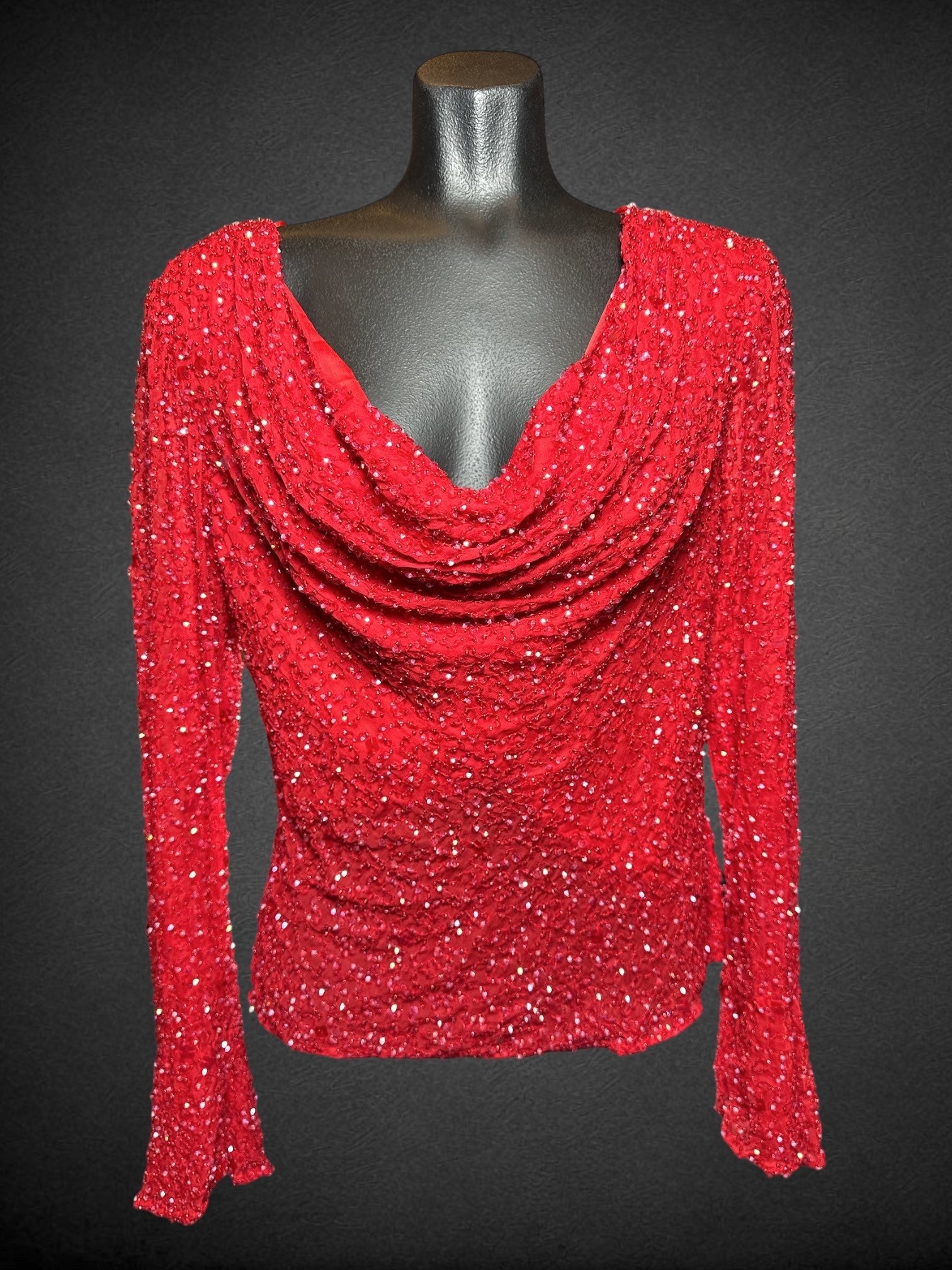 M MARINA by Marina Bresler vintage red long sleeve blouse with beautiful beading and embroidery and draping neckline