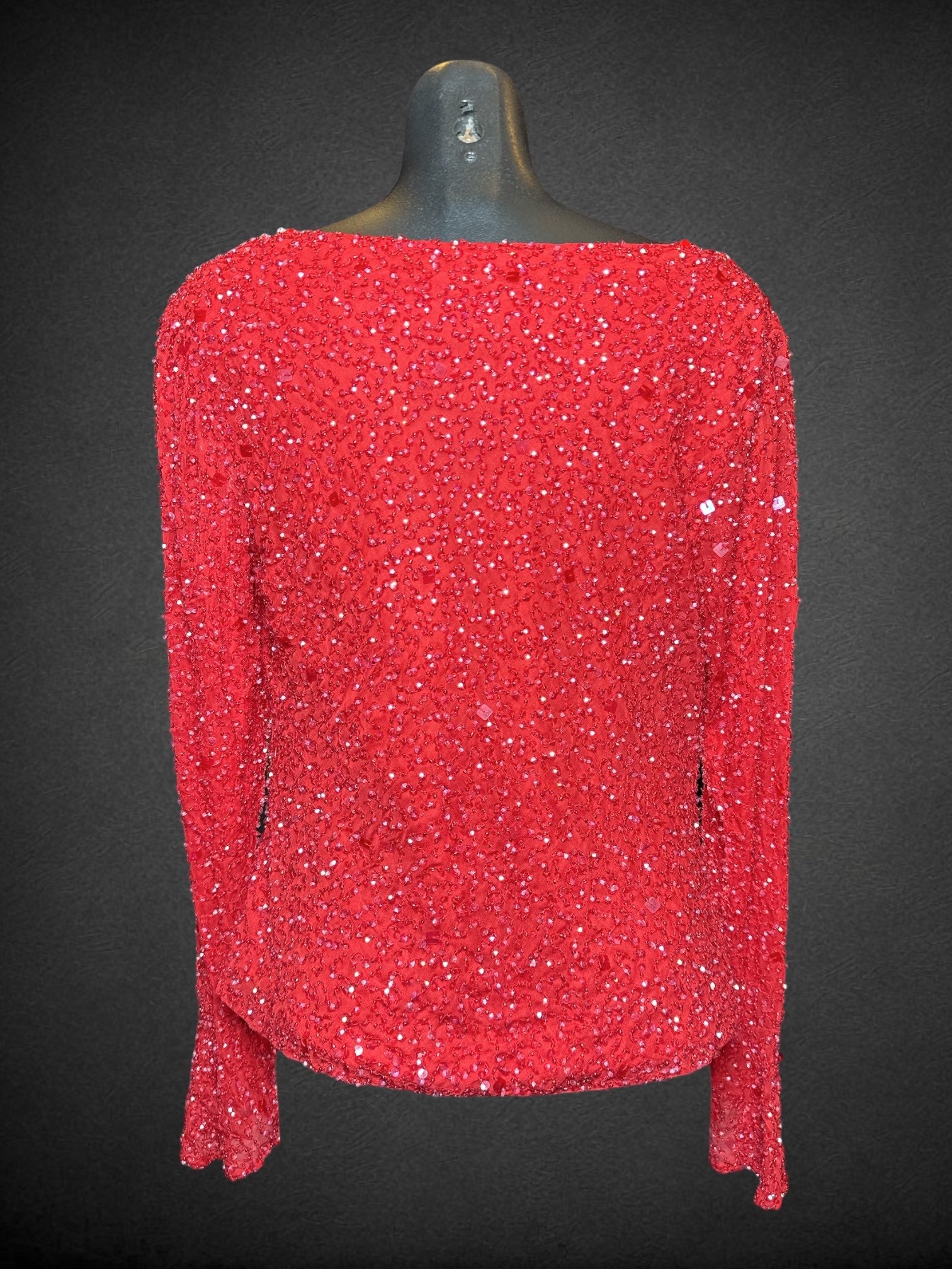 M MARINA by Marina Bresler vintage red long sleeve blouse with beautiful beading and embroidery and draping neckline