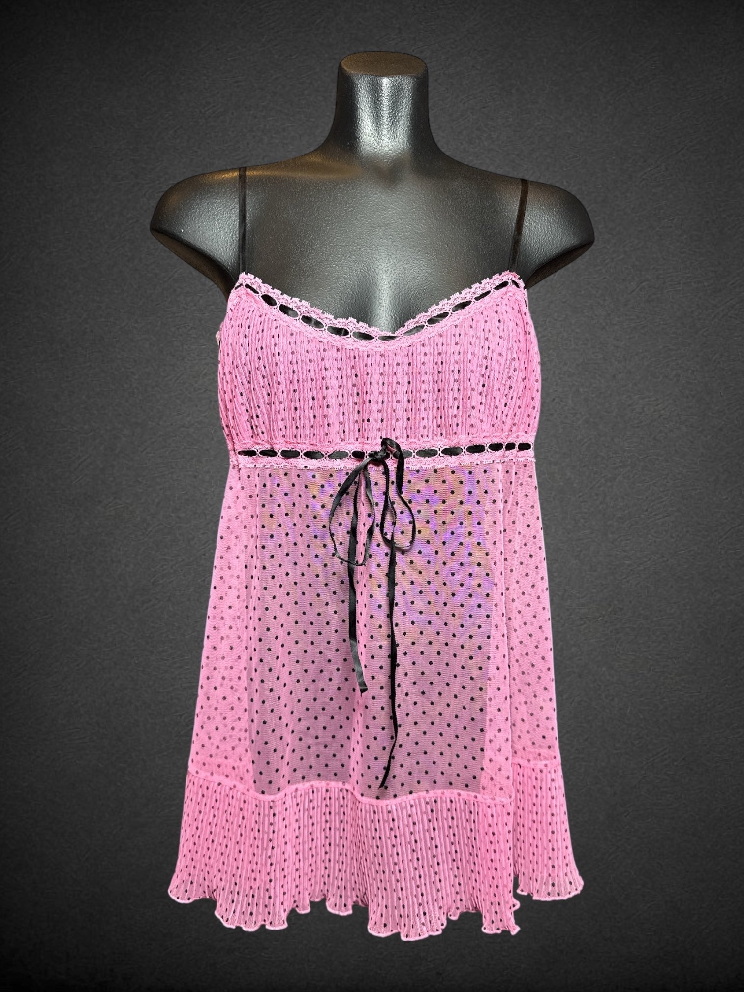 M VICTORIA’S SECRET NWT pink mesh and lace lingerie dress with black polka dots, pleating, and a bow