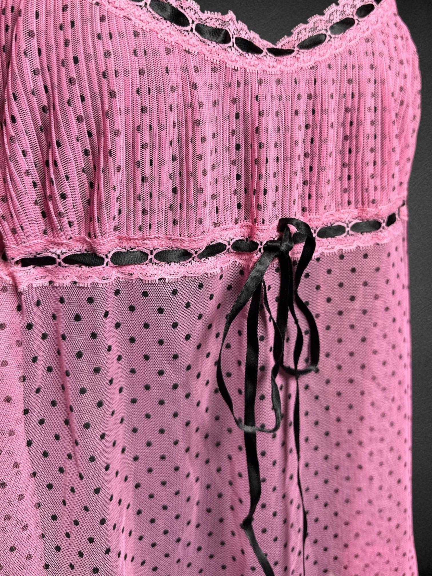 M VICTORIA’S SECRET NWT pink mesh and lace lingerie dress with black polka dots, pleating, and a bow