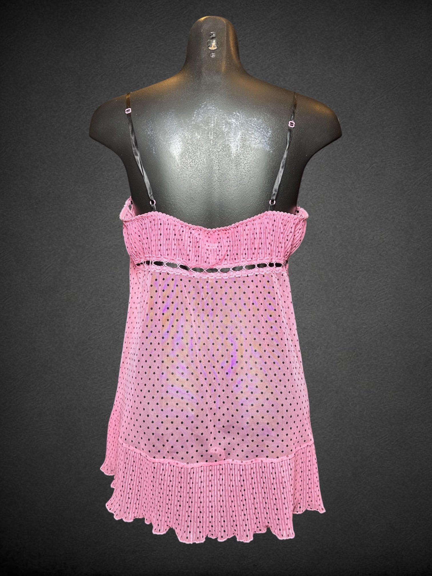 M VICTORIA’S SECRET NWT pink mesh and lace lingerie dress with black polka dots, pleating, and a bow