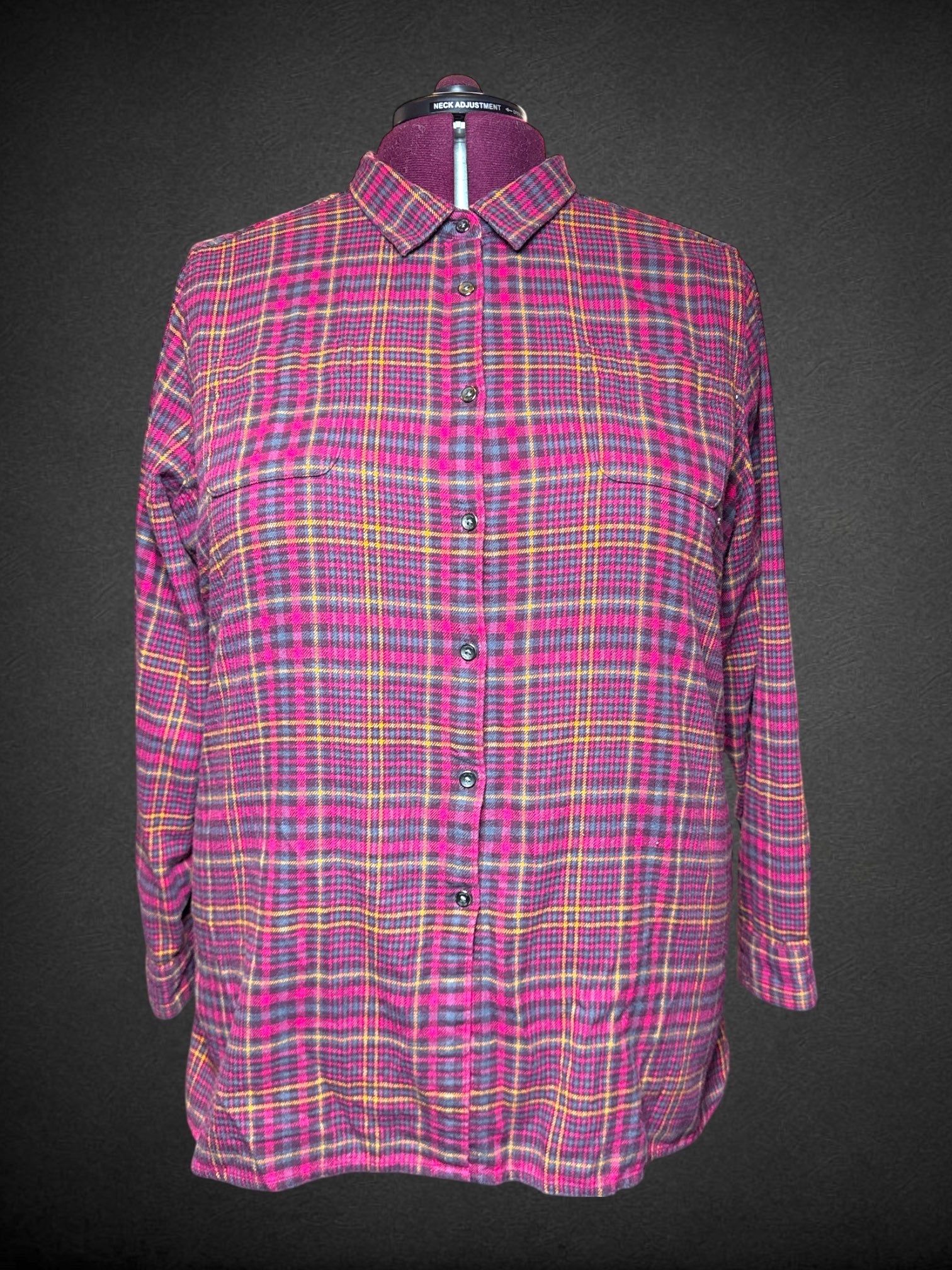 3X Woolrich purple, pink, yellow, and blue plaid long sleeve button up with two front pockets