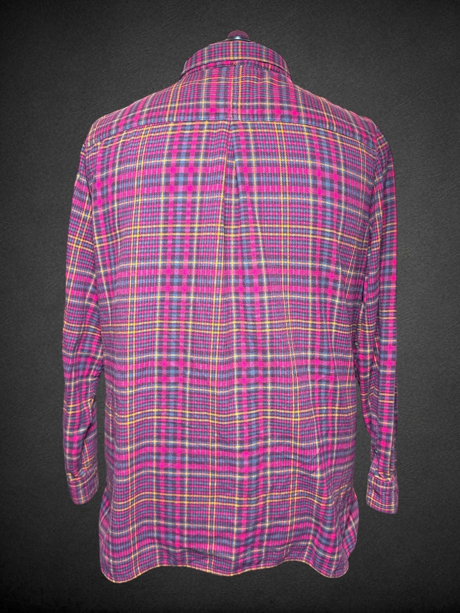 3X Woolrich purple, pink, yellow, and blue plaid long sleeve button up with two front pockets