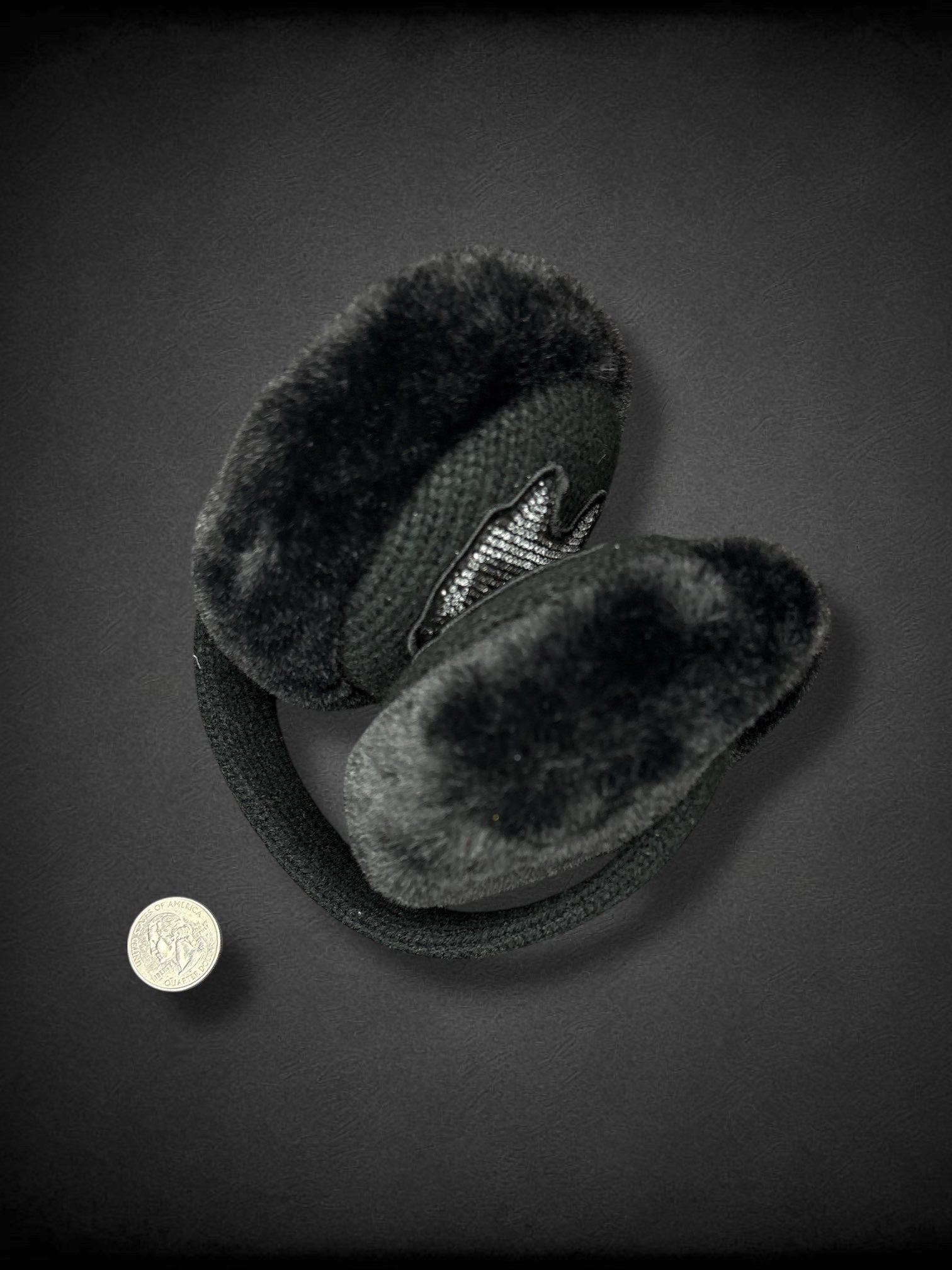 KARL LAGERFELD black fuzzy earmuffs with bedazzled cat logo on both ears