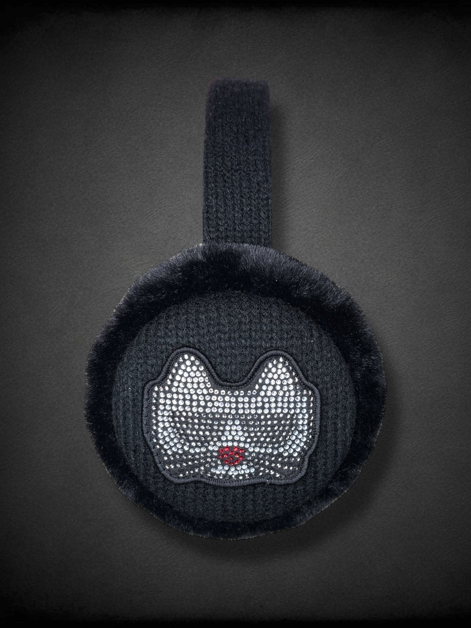 KARL LAGERFELD black fuzzy earmuffs with bedazzled cat logo on both ears