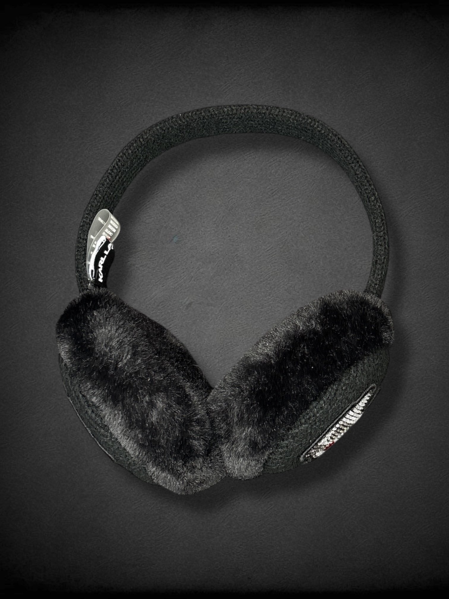 KARL LAGERFELD black fuzzy earmuffs with bedazzled cat logo on both ears