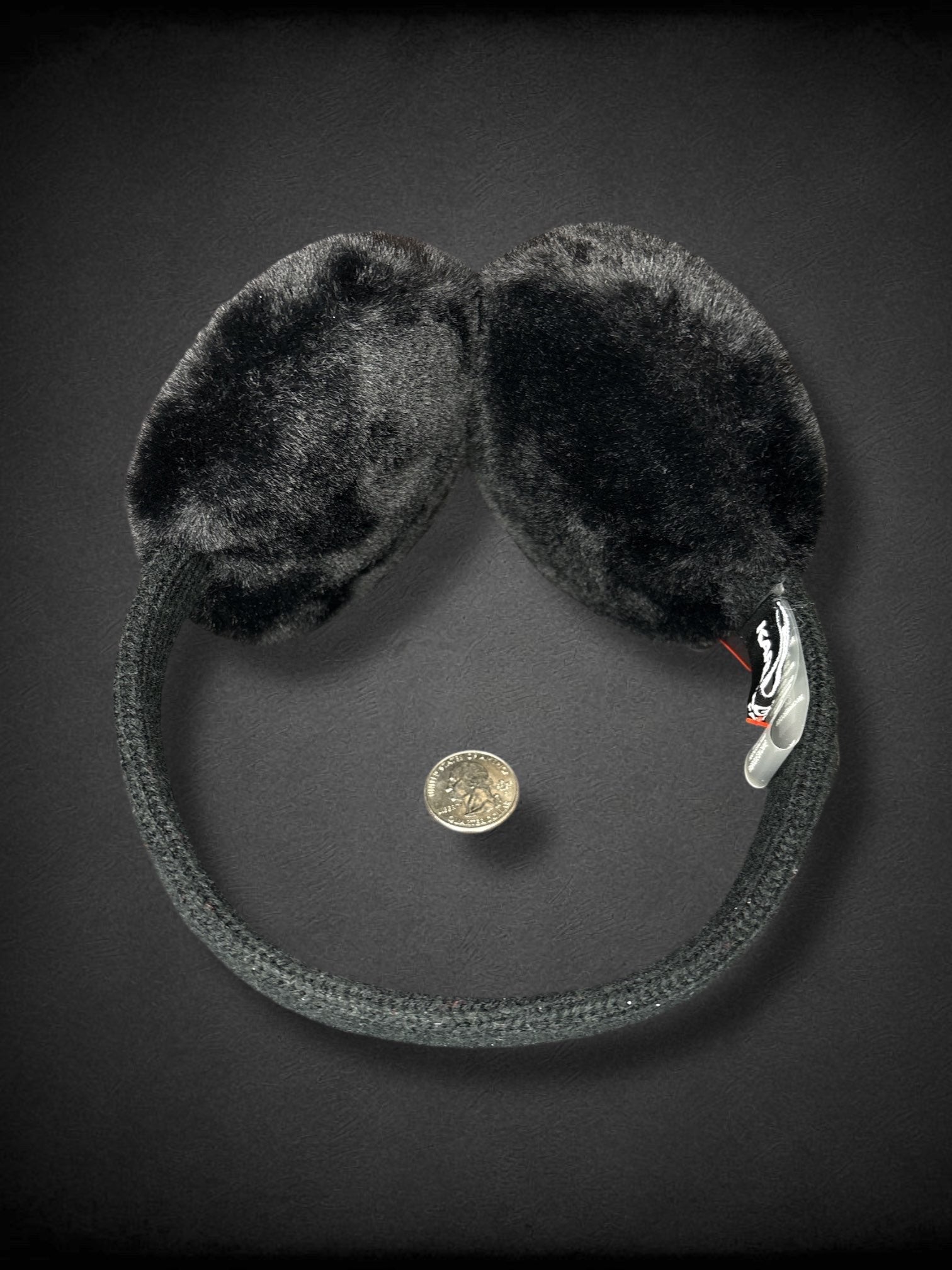 KARL LAGERFELD black fuzzy earmuffs with bedazzled cat logo on both ears