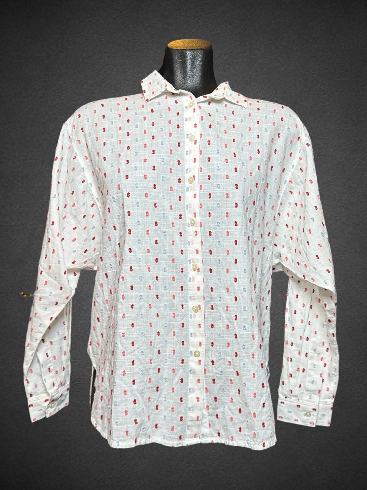 L LOFT Petite NWT white button up with textured red, pink, and blue textured spots
