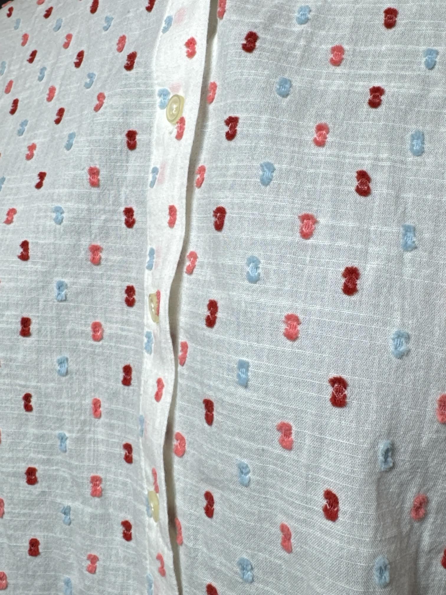 L LOFT Petite NWT white button up with textured red, pink, and blue textured spots