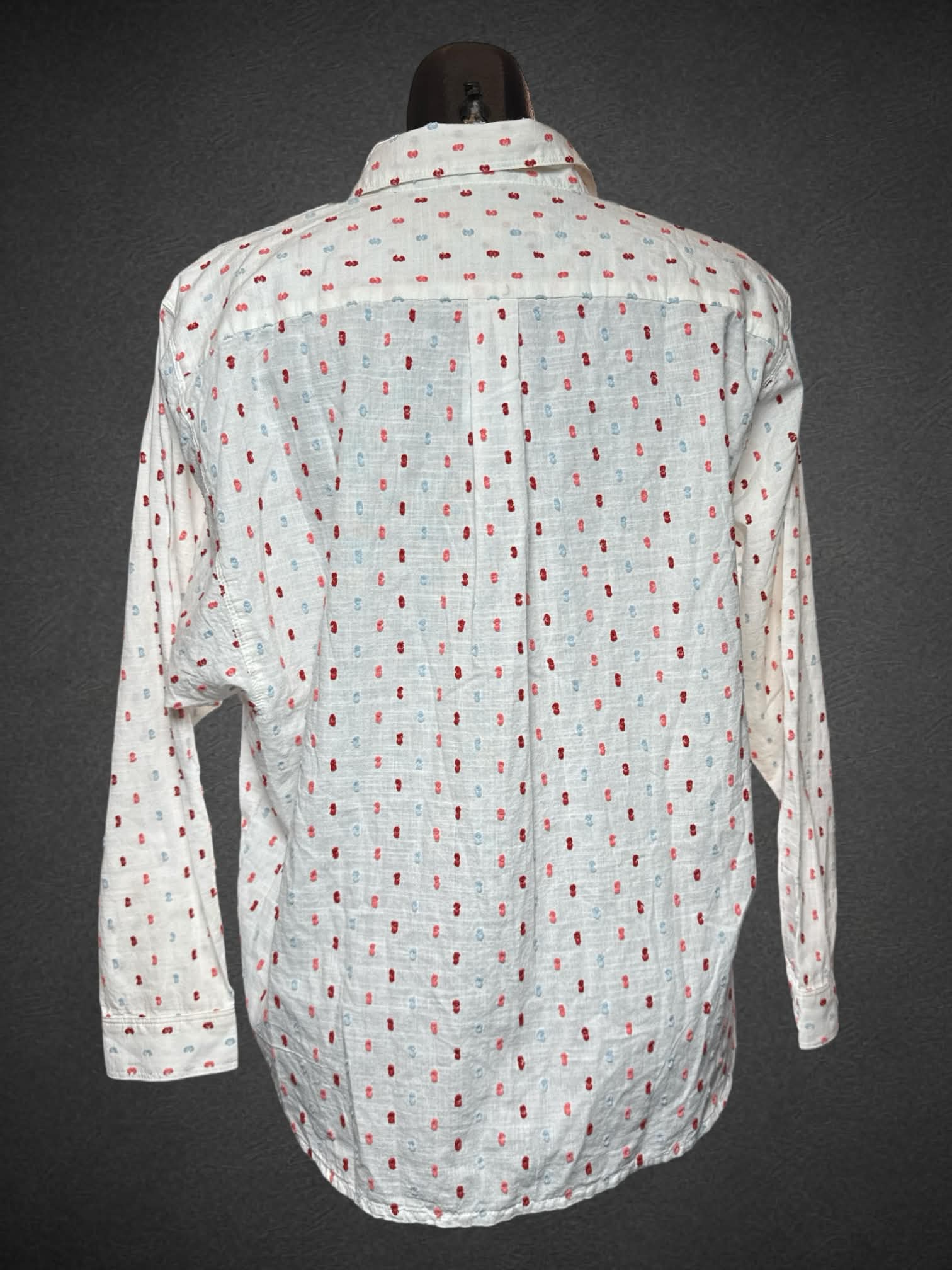 L LOFT Petite NWT white button up with textured red, pink, and blue textured spots
