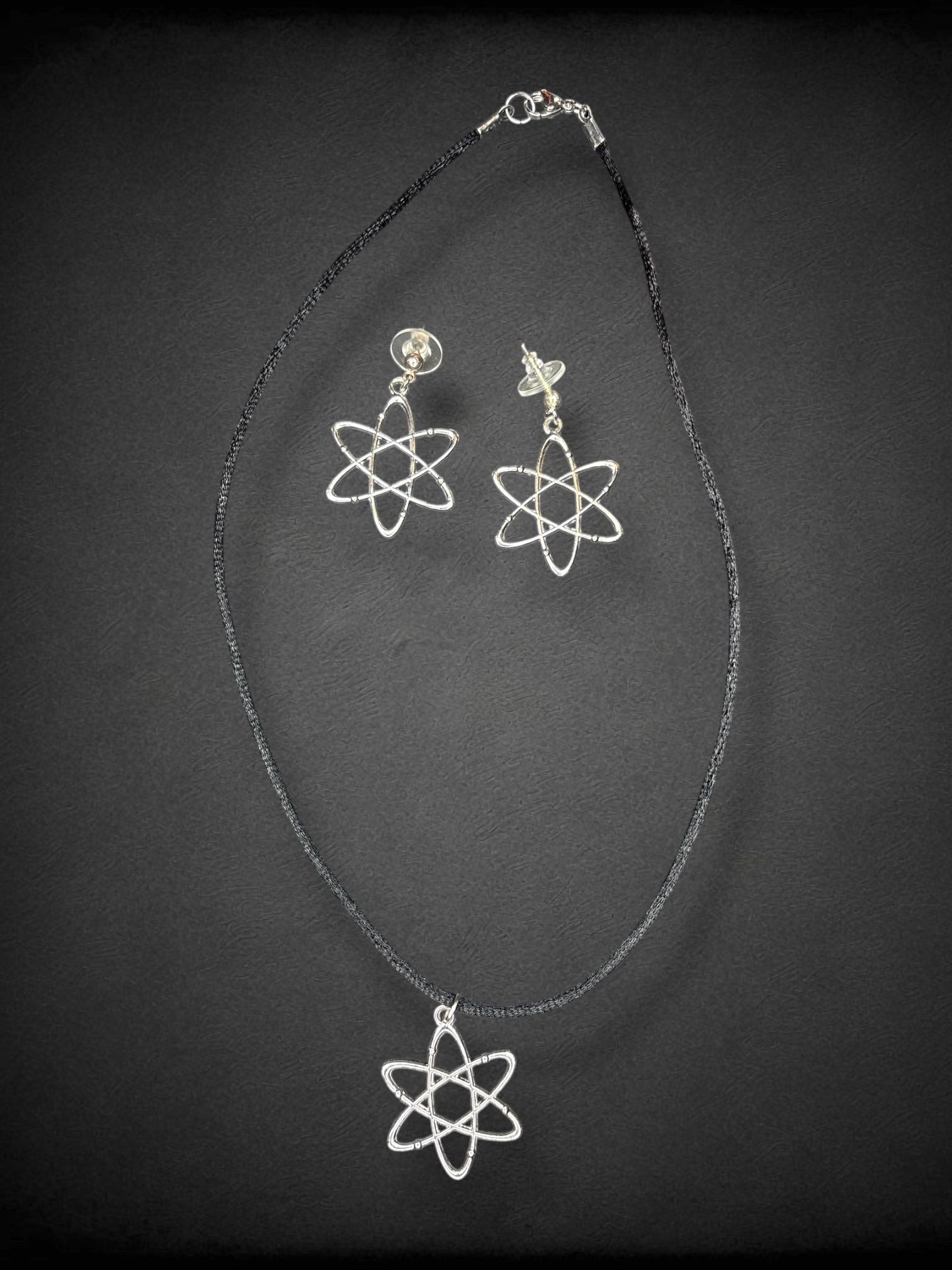 Atom earring and 9 inch black cord necklace set