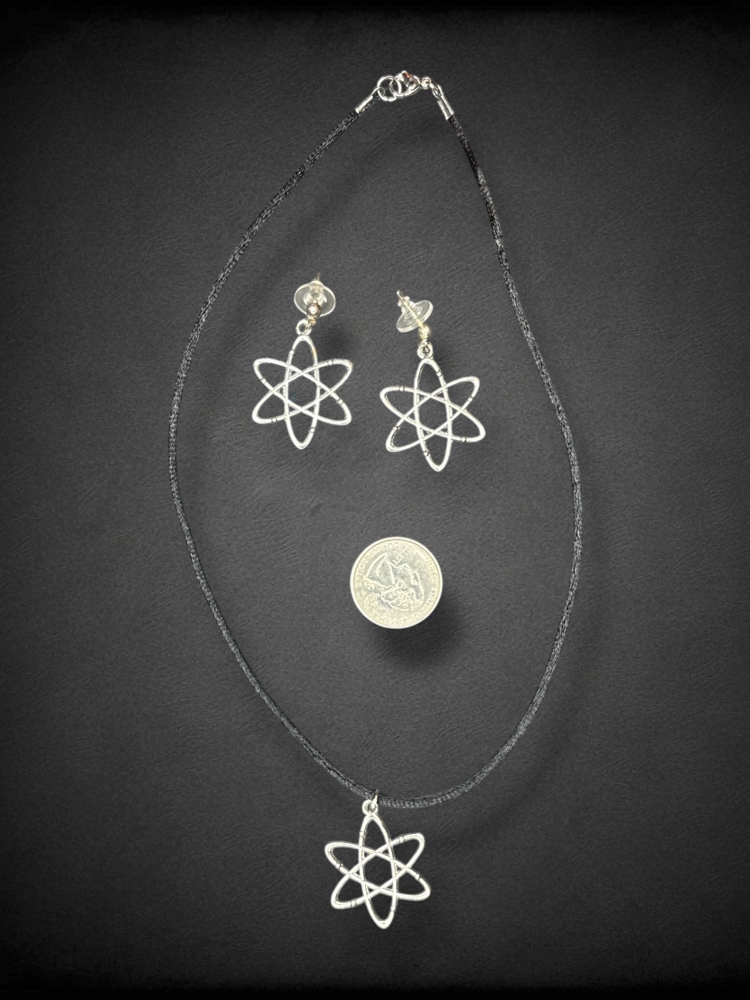 Atom earring and 9 inch black cord necklace set