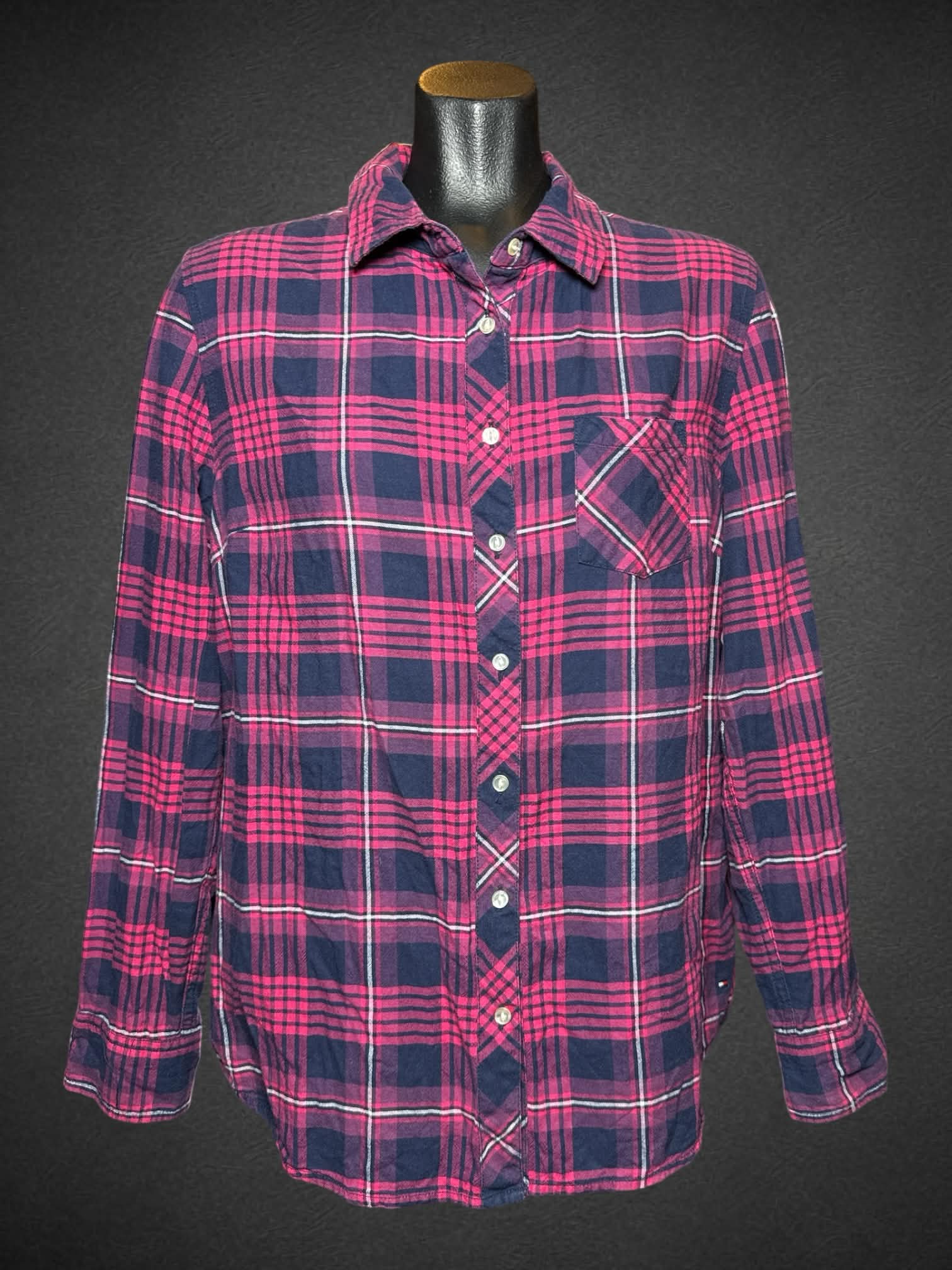 L TOMMY HILFIGER blue, purple, pink, and white plaid button up