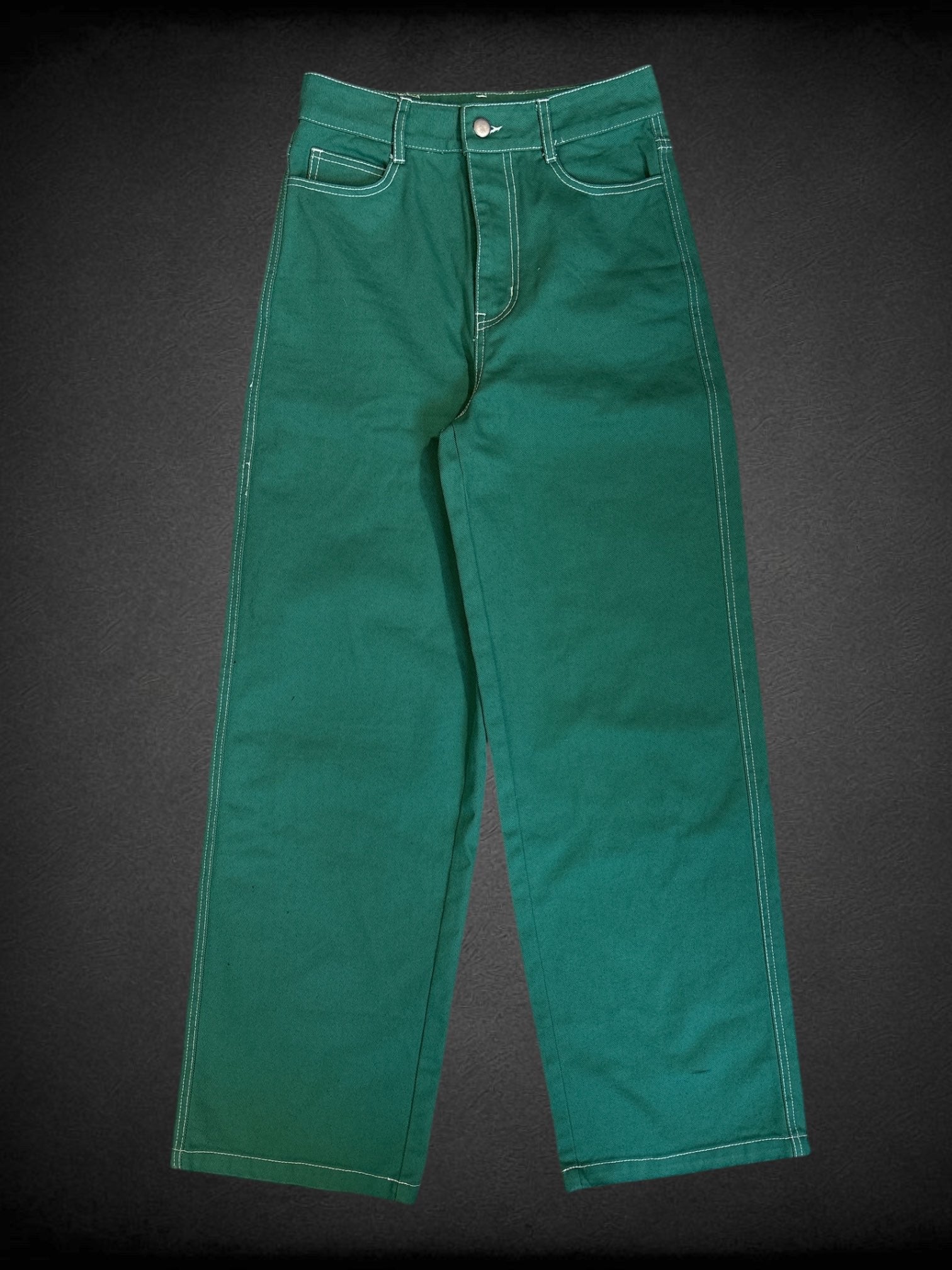 S The Tiny Big Sister green jeans with white thread