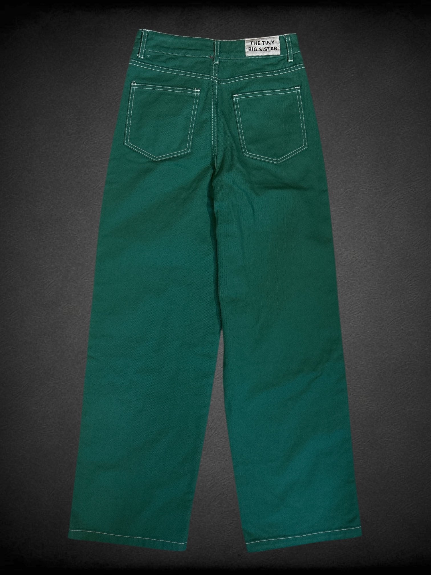 S The Tiny Big Sister green jeans with white thread