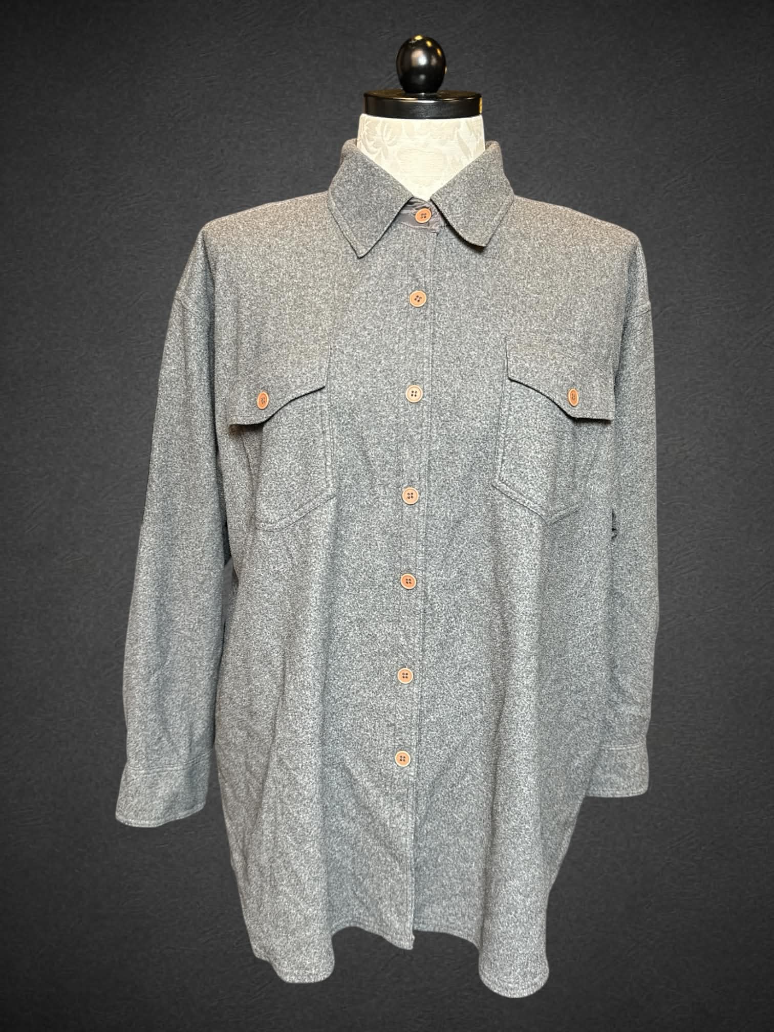 2X Venezia Jeans grey fuzzy long sleeve button up top with two front pockets