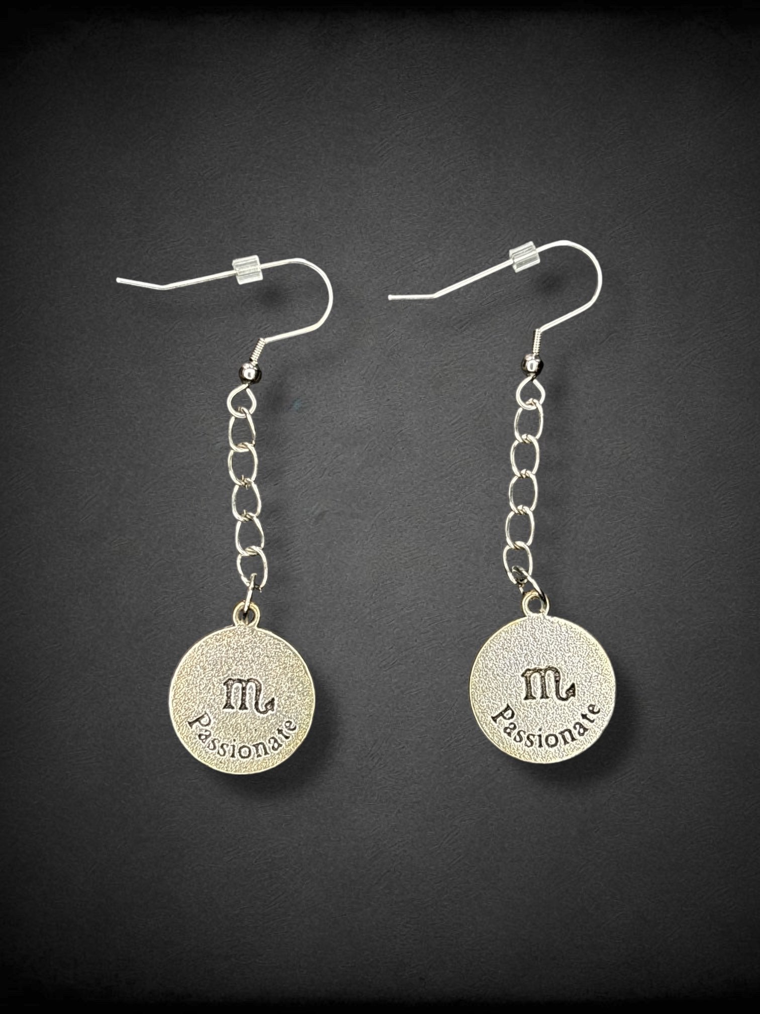 Scorpio “Passionate” Zodiac silver tone drop earrings