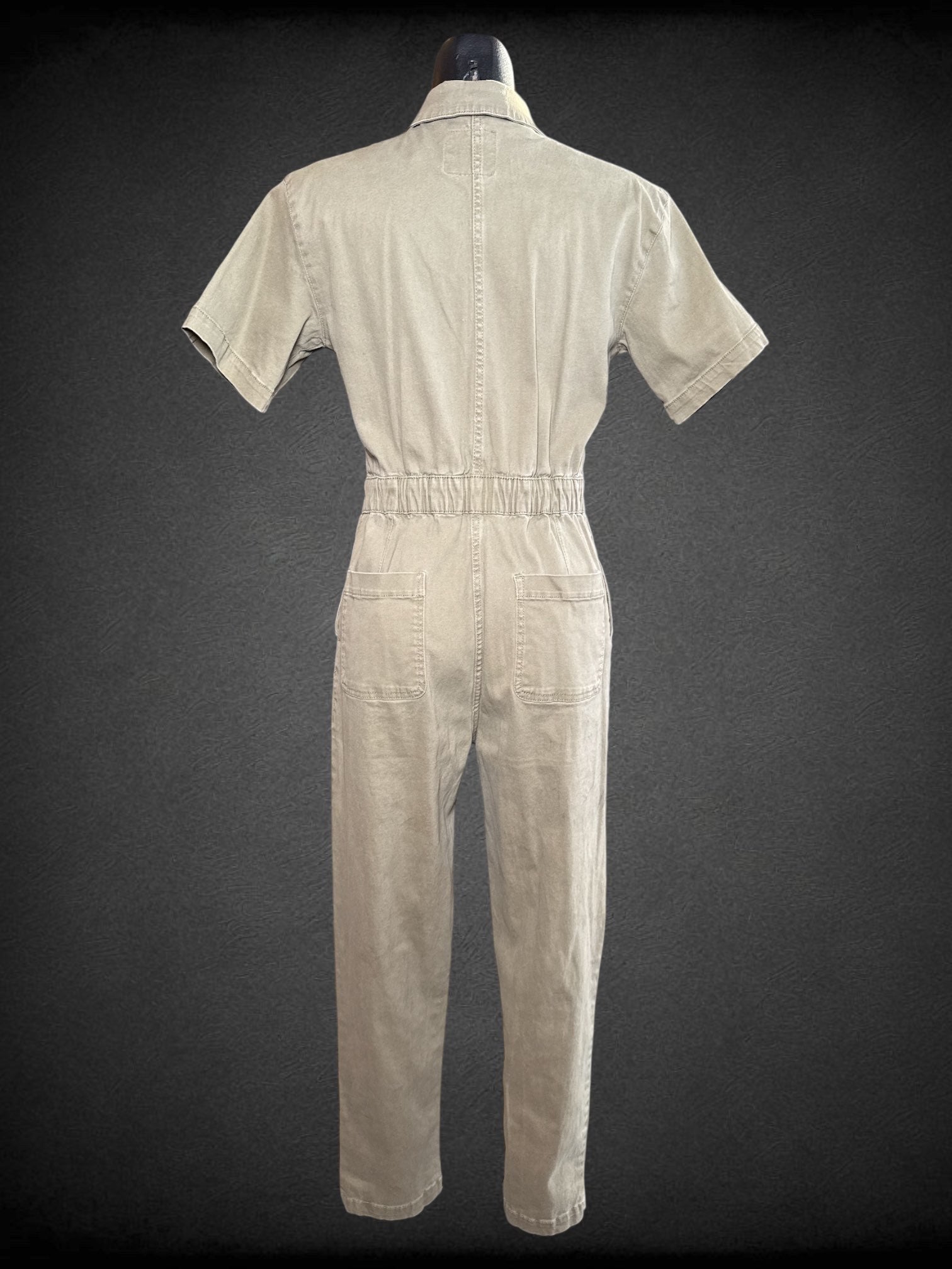 S Celebrity Pink green denim jumpsuit with many pockets, buttons closure, and elastic waist on back