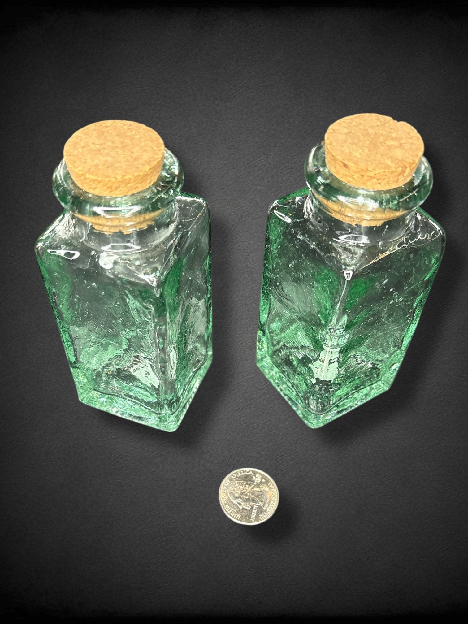 Set of 2 thick green glass jars with cork lids
