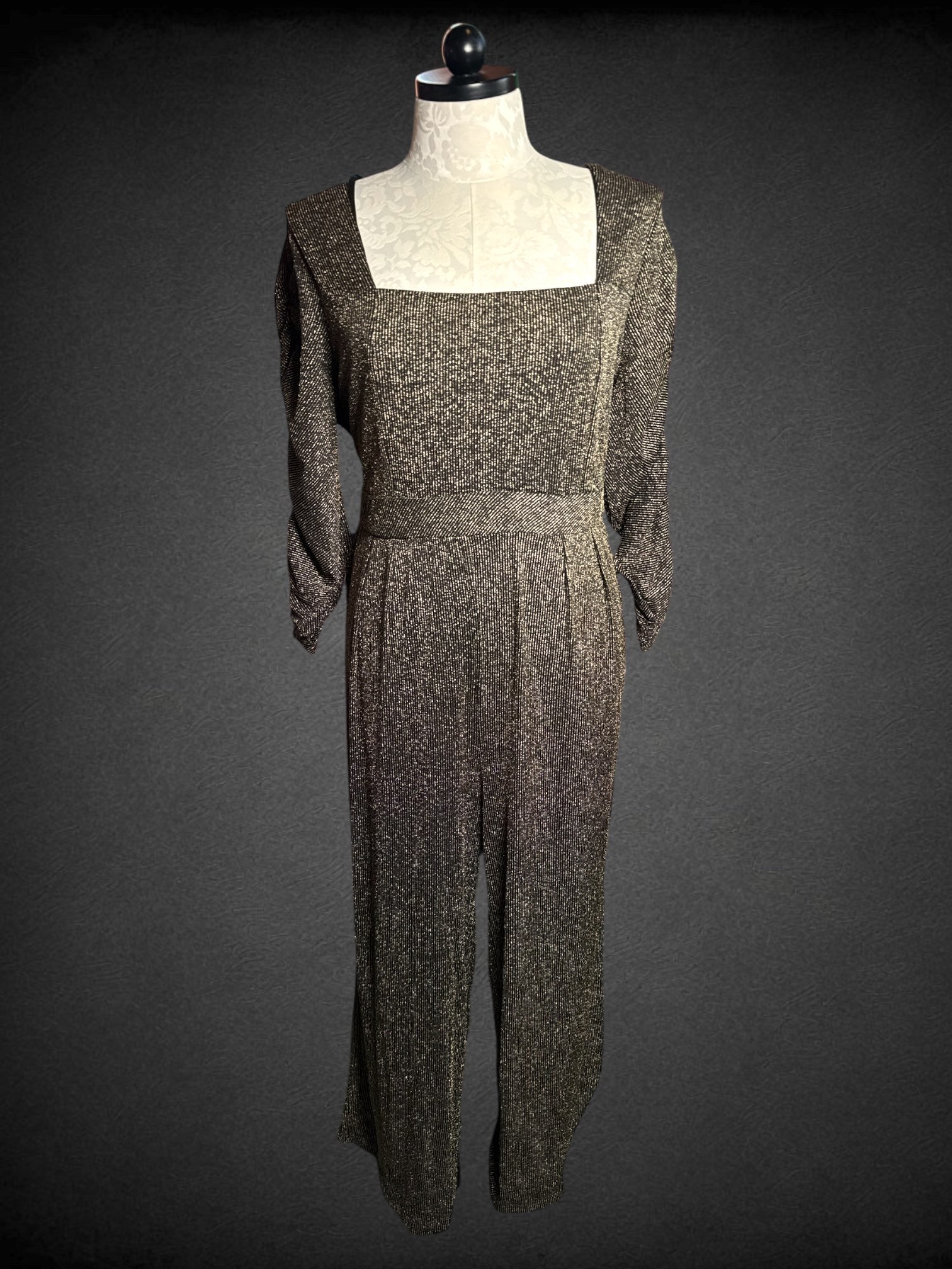 1X TORRID gold glitter ribbed black jumpsuit with square neckline and scrunched long sleeves