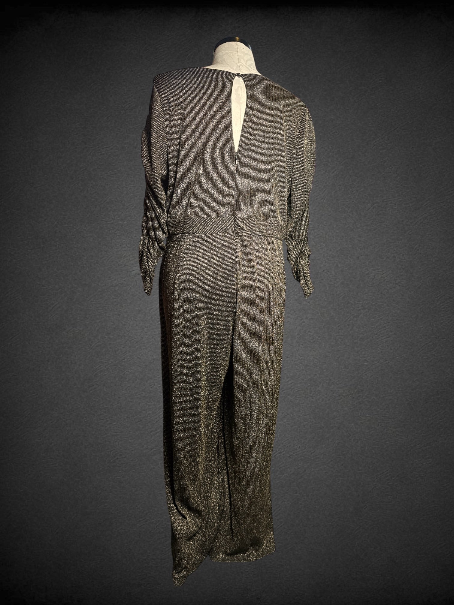 1X TORRID gold glitter ribbed black jumpsuit with square neckline and scrunched long sleeves