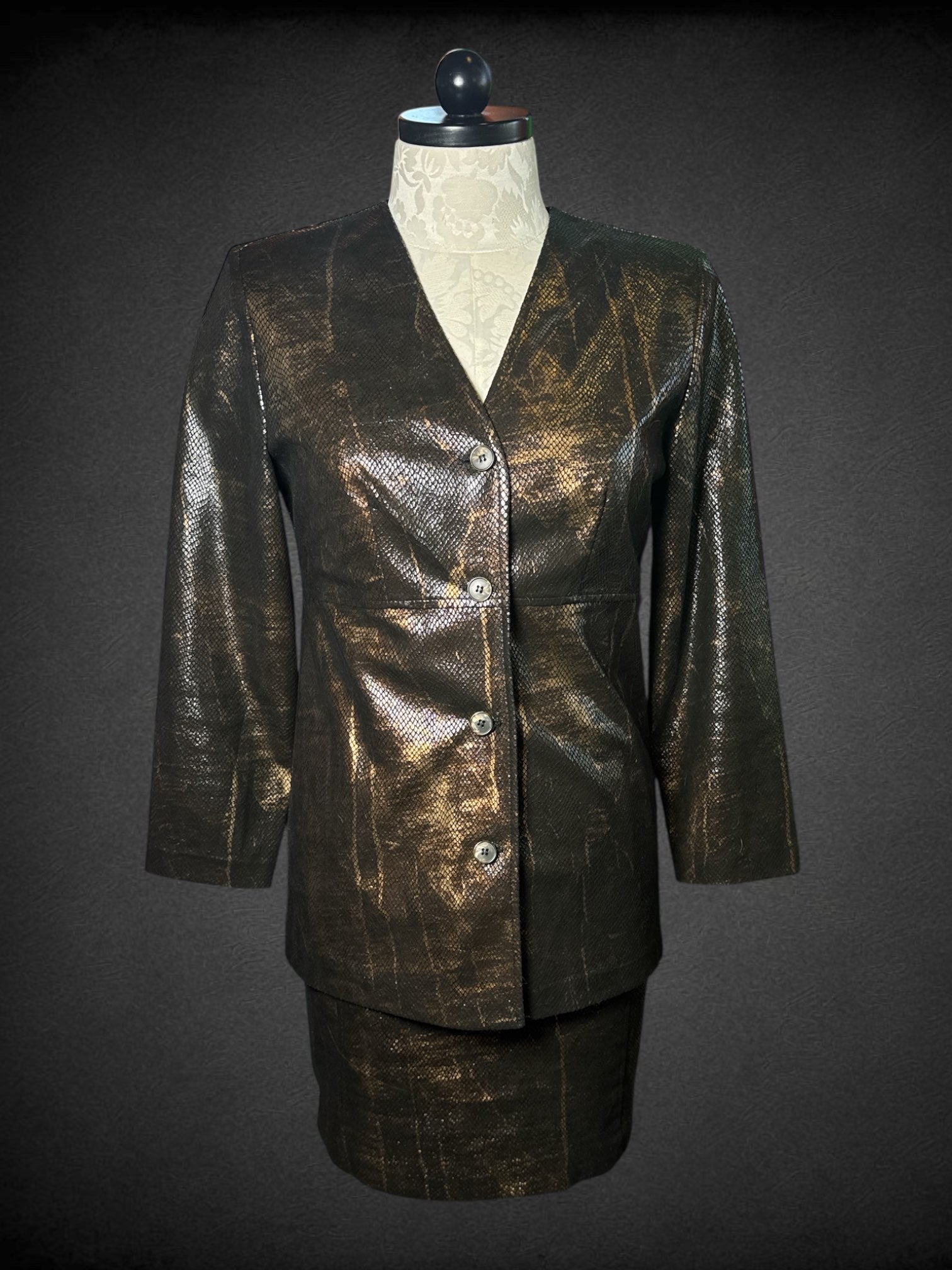 L Russel Kemp vintage black and bronze metallic faux snakeskin shoulder padded blazer and skirt set