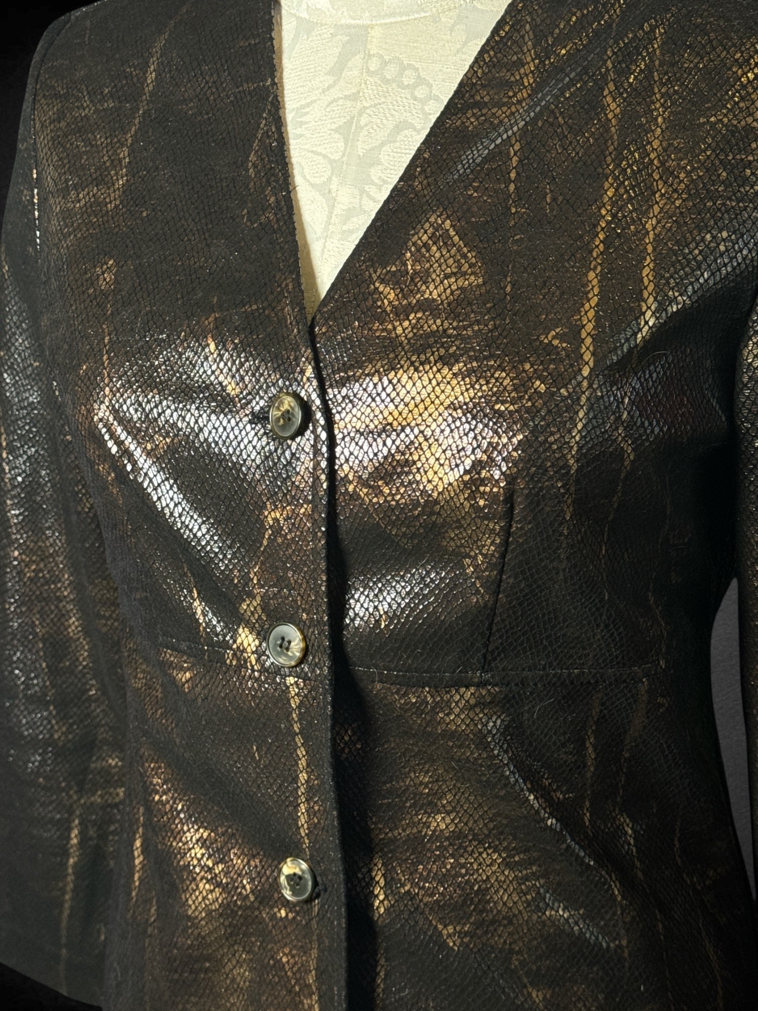 L Russel Kemp vintage black and bronze metallic faux snakeskin shoulder padded blazer and skirt set