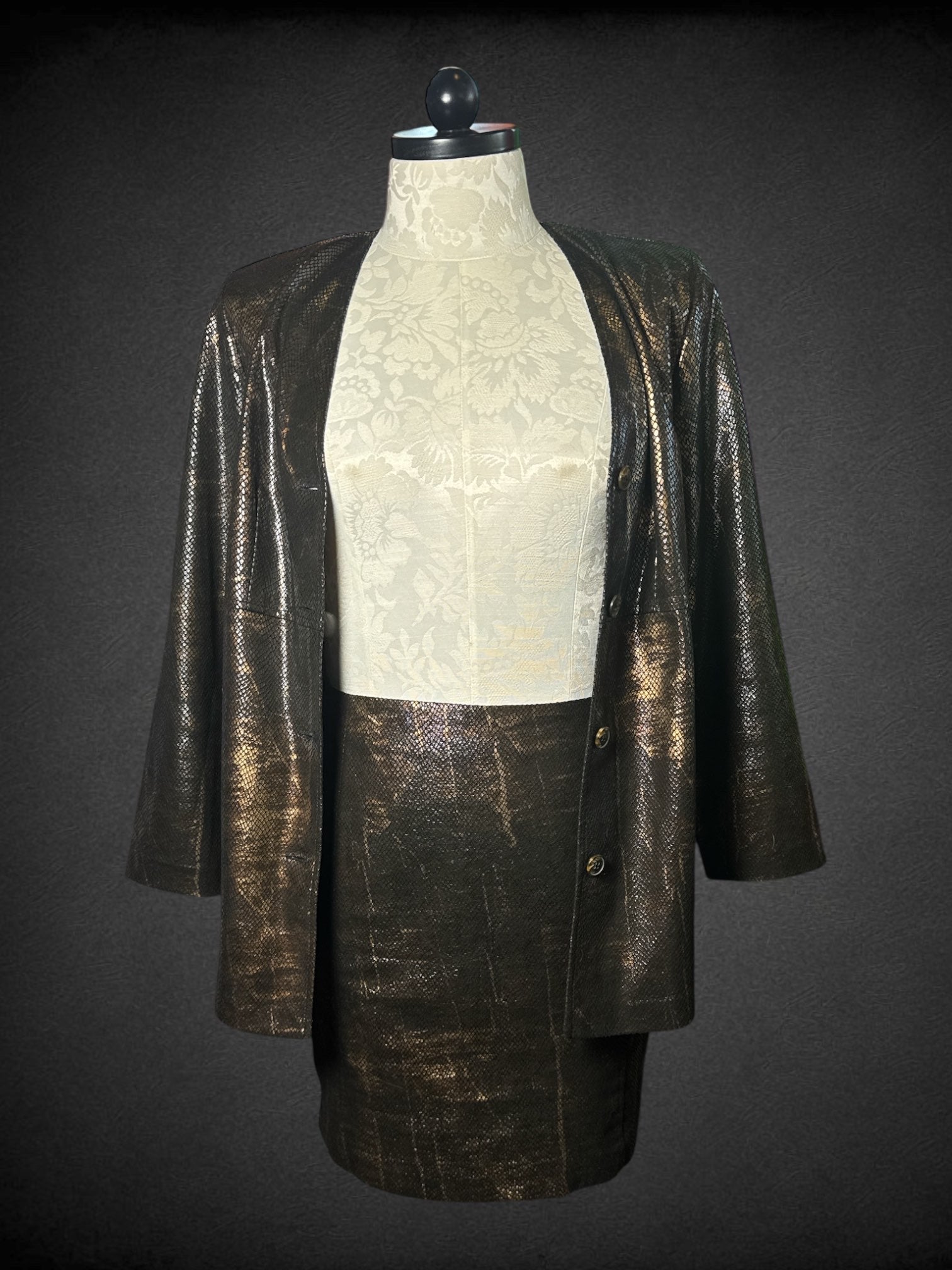 L Russel Kemp vintage black and bronze metallic faux snakeskin shoulder padded blazer and skirt set