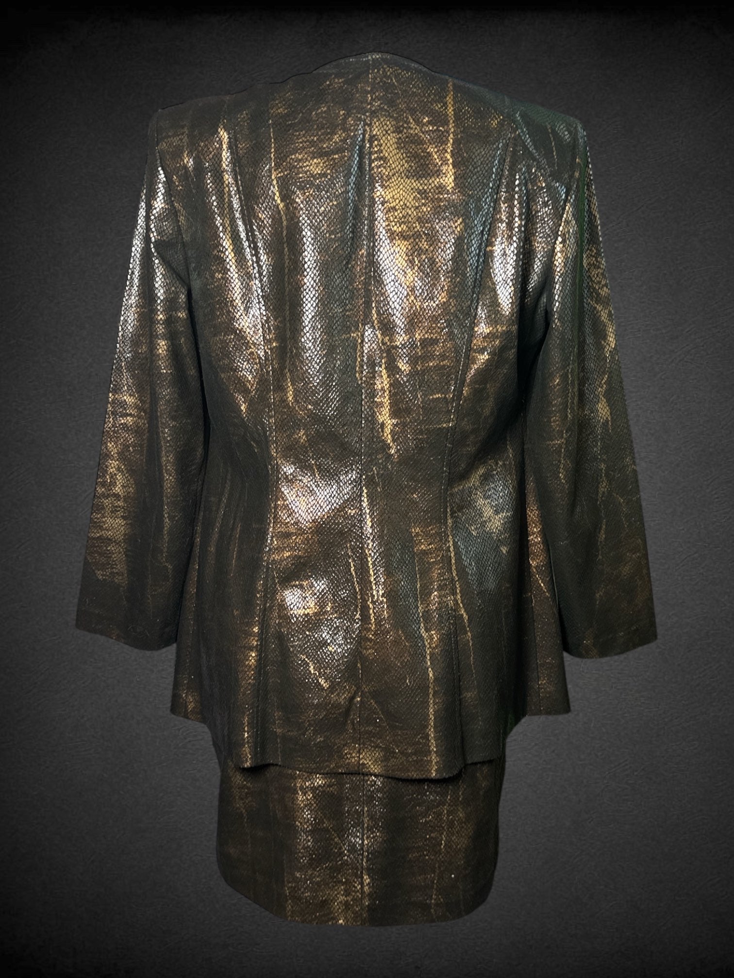 L Russel Kemp vintage black and bronze metallic faux snakeskin shoulder padded blazer and skirt set