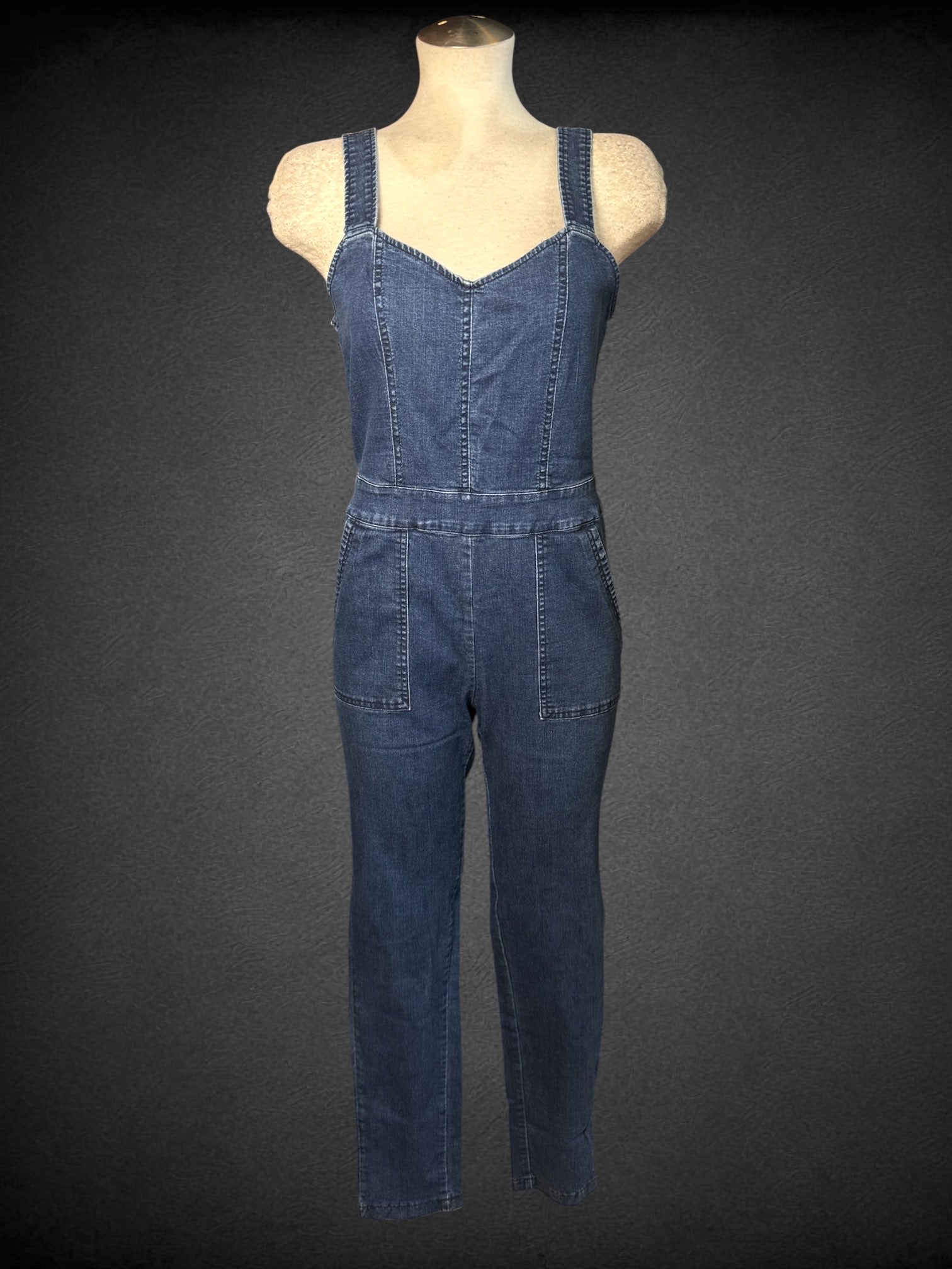 L Windsor denim sleeveless jumpsuit with sweetheart neckline and zipper on back
